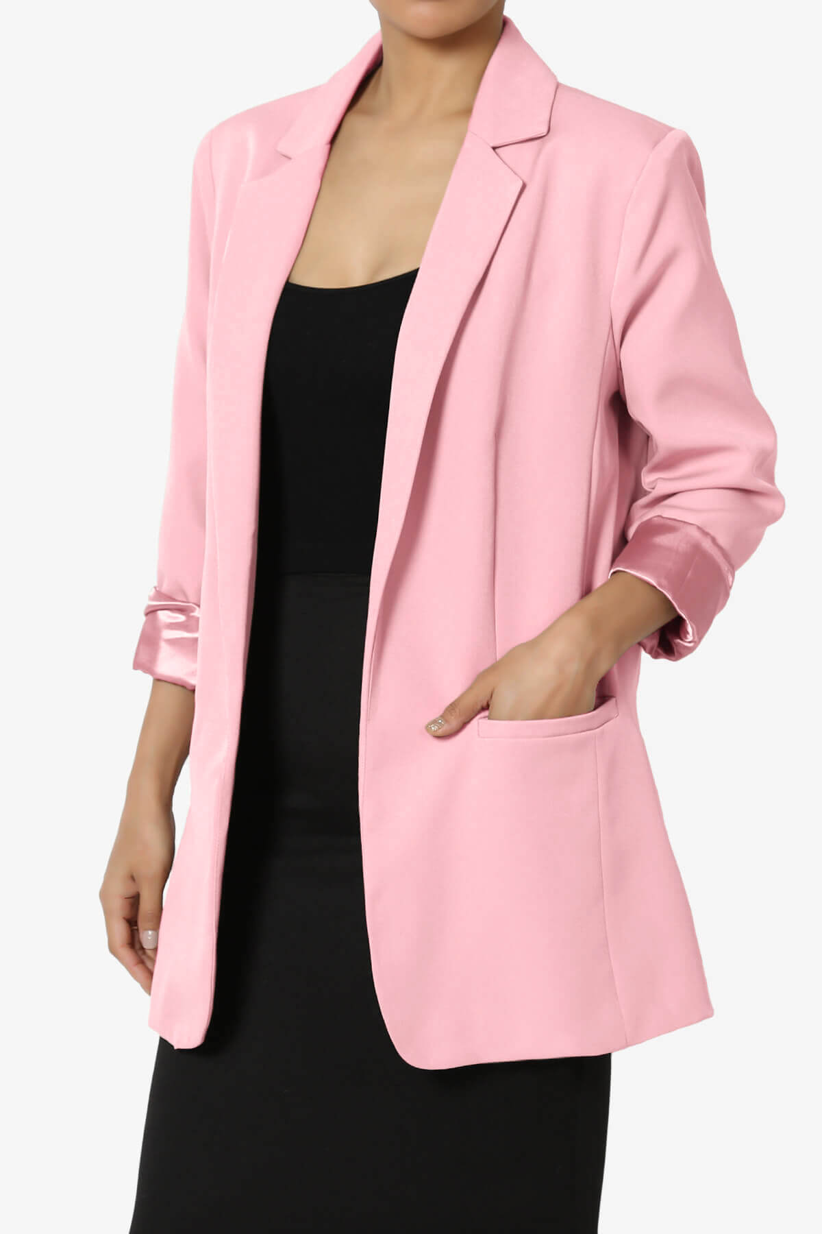 Malory Cuffed Sleeve Open Front Blazer DARK PINK_3
