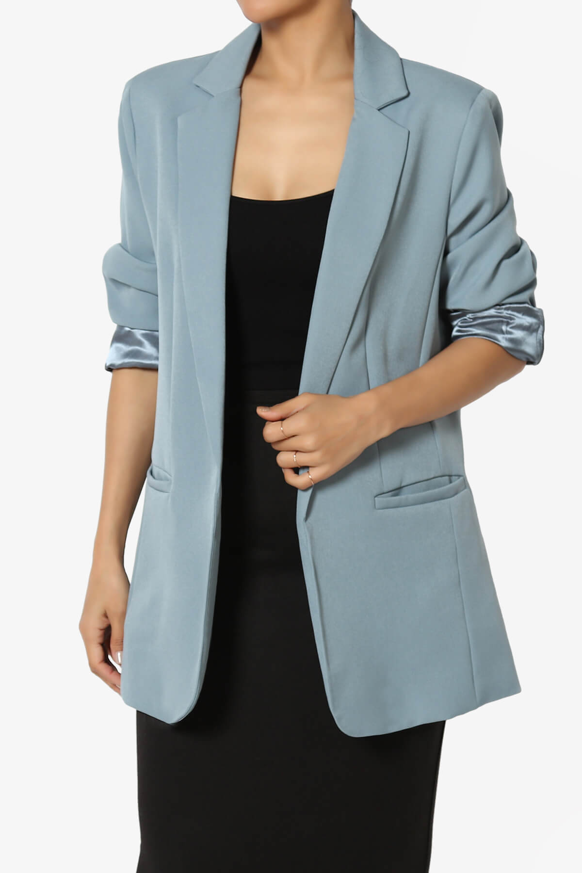 Malory Cuffed Sleeve Open Front Blazer DUSTY BLUE_1