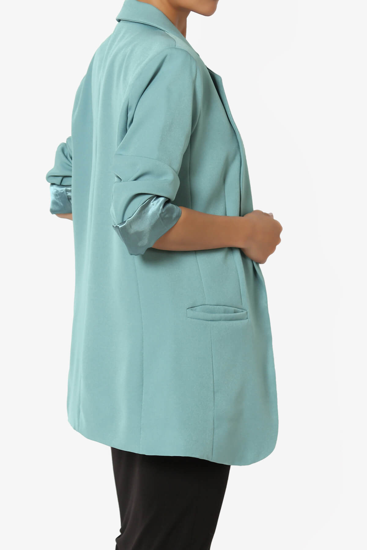 Malory Cuffed Sleeve Open Front Blazer DUSTY TEAL_4