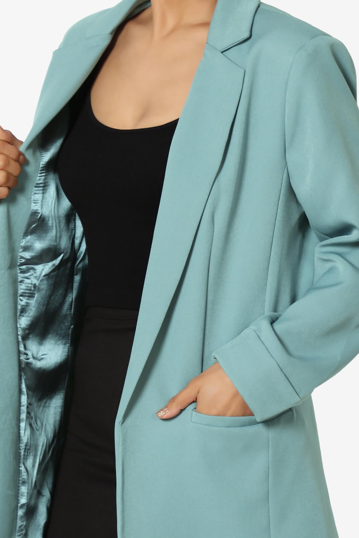 Malory Cuffed Sleeve Open Front Blazer DUSTY TEAL_5