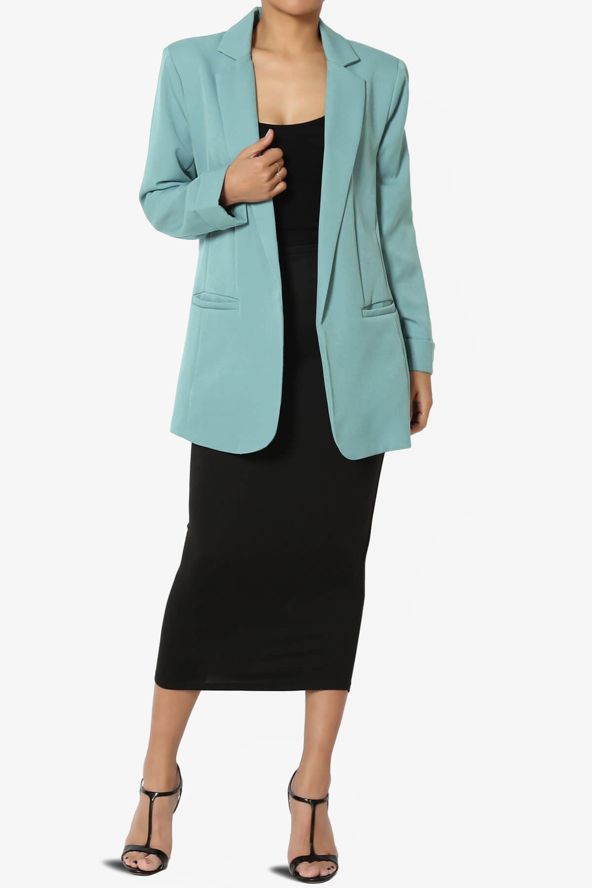 Malory Cuffed Sleeve Open Front Blazer DUSTY TEAL_6