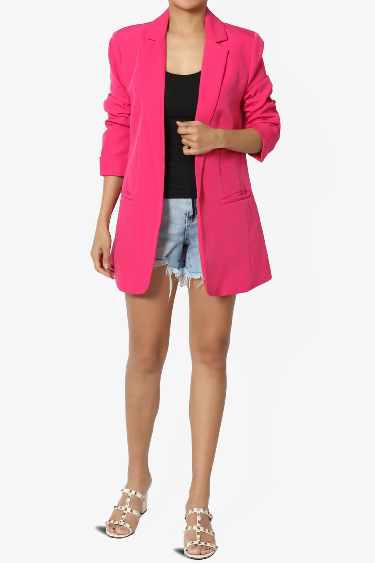 Malory Cuffed Sleeve Open Front Blazer HOT PINK_6