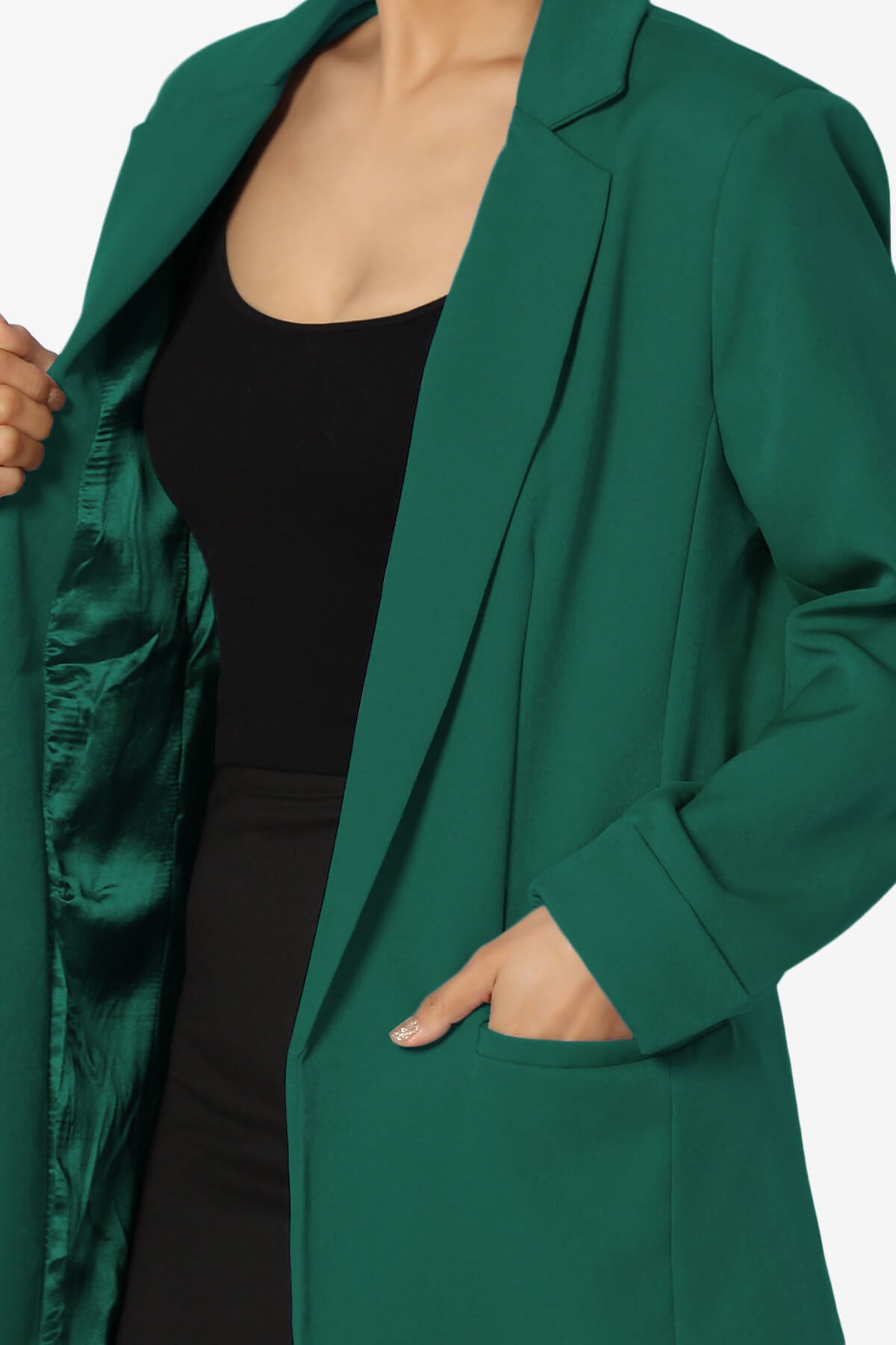 Malory Cuffed Sleeve Open Front Blazer HUNTER GREEN_5