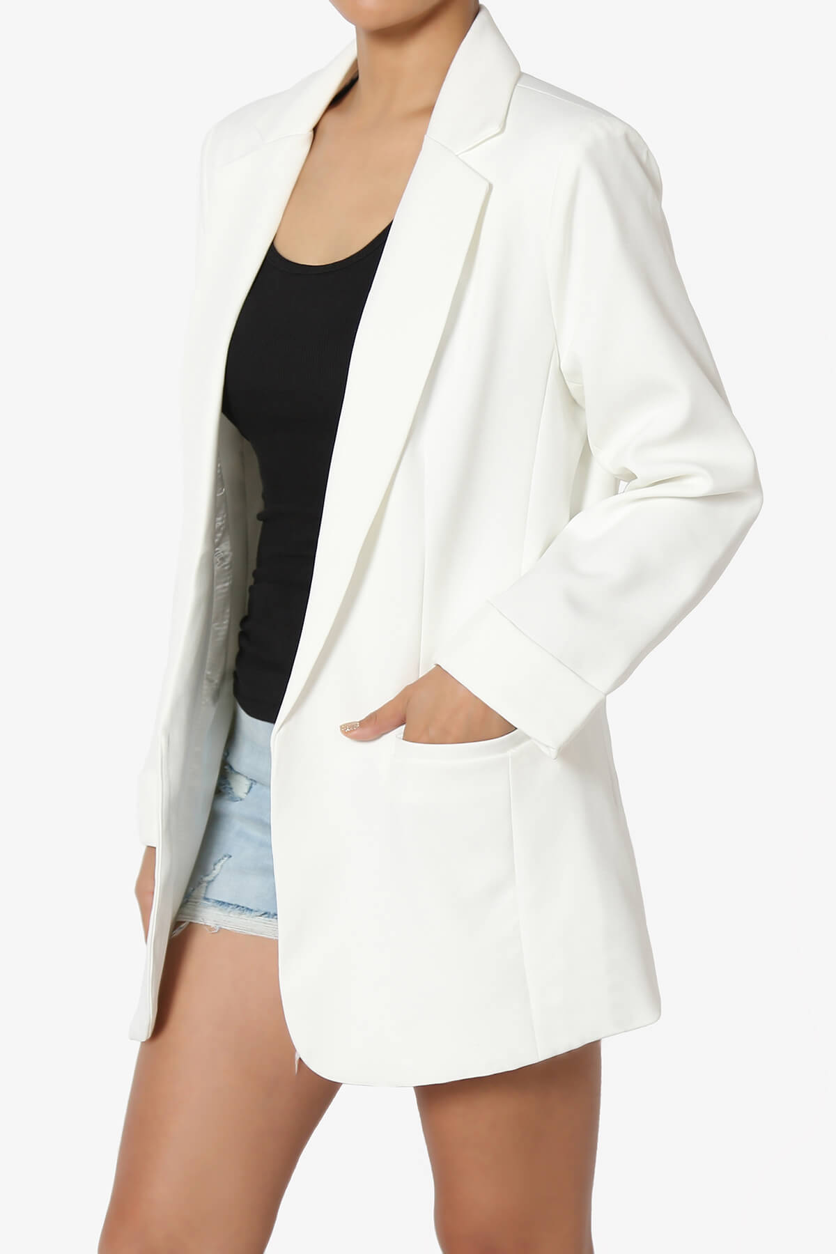 Malory Cuffed Sleeve Open Front Blazer IVORY_3
