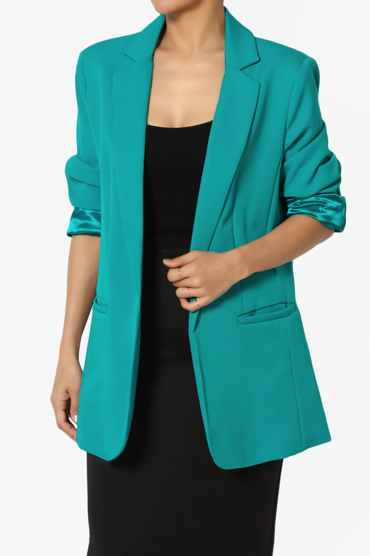 Malory Cuffed Sleeve Open Front Blazer LT TEAL_1