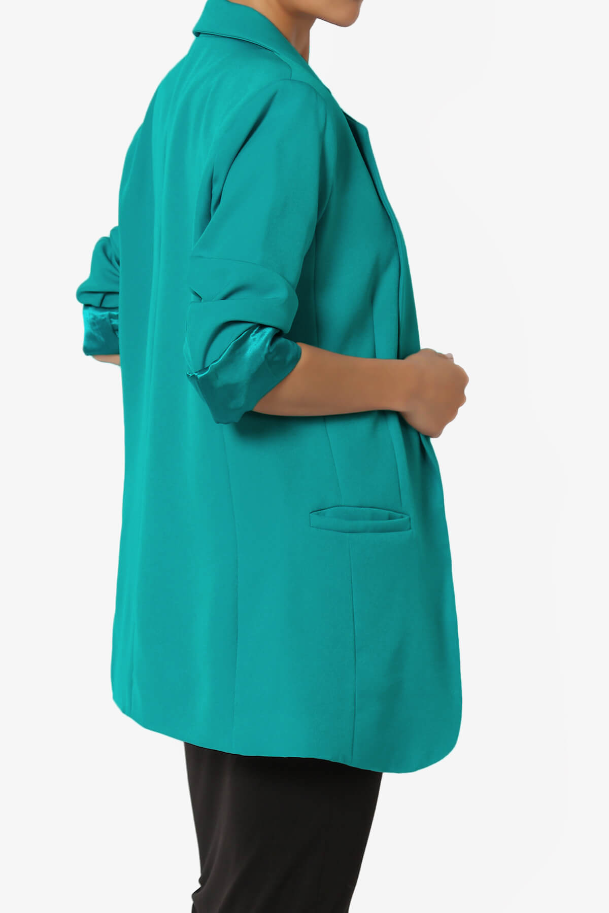 Malory Cuffed Sleeve Open Front Blazer LT TEAL_4