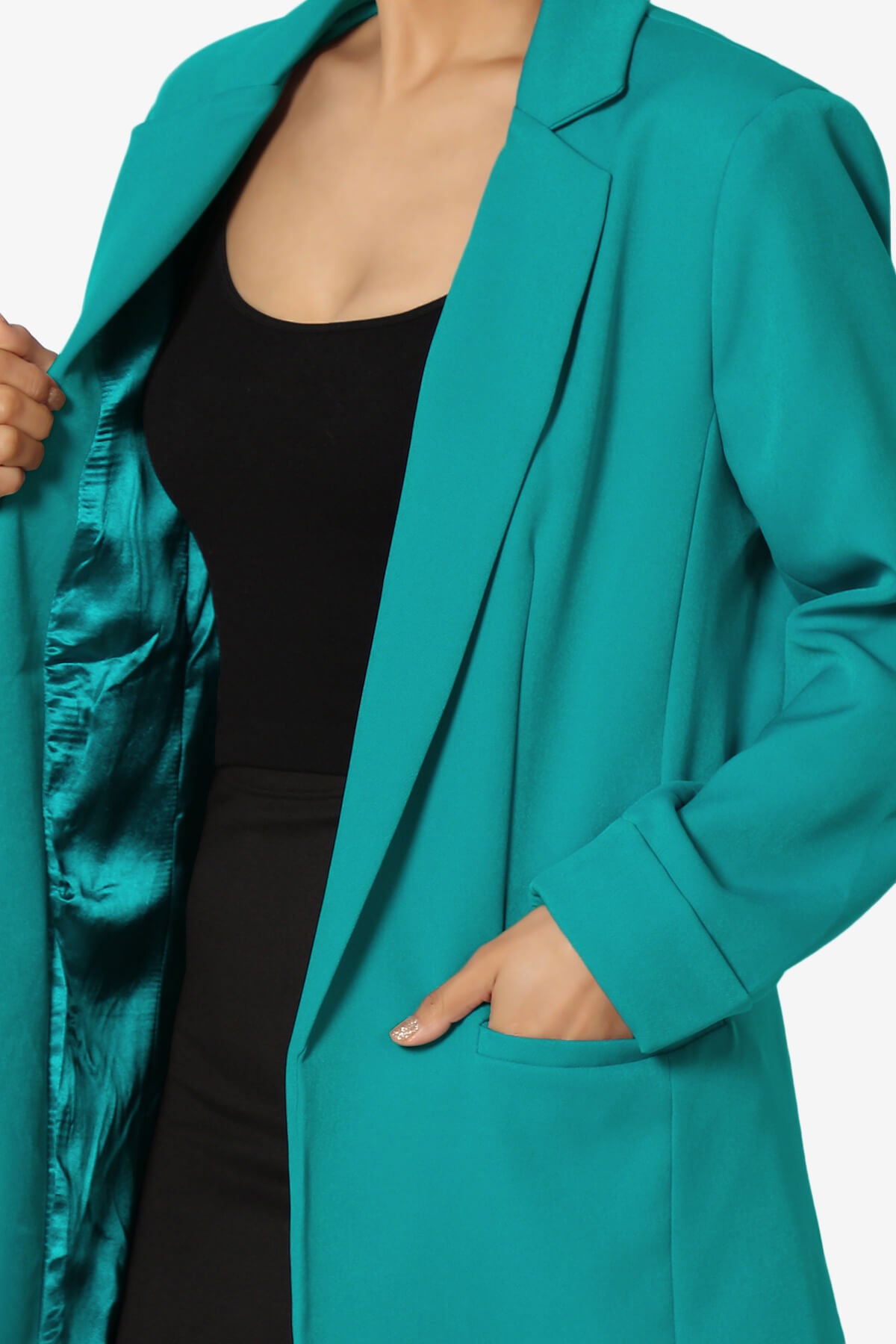 Malory Cuffed Sleeve Open Front Blazer LT TEAL_5