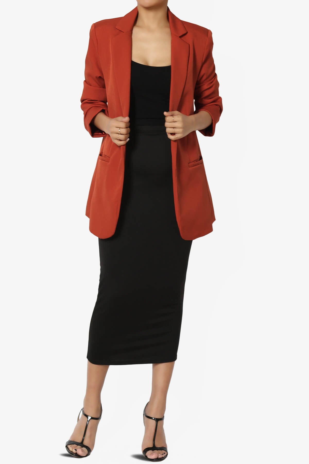 Malory Cuffed Sleeve Open Front Blazer RUST_6
