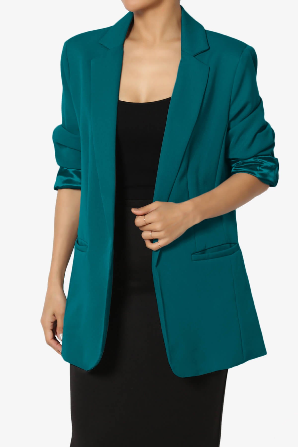 Malory Cuffed Sleeve Open Front Blazer TEAL_1