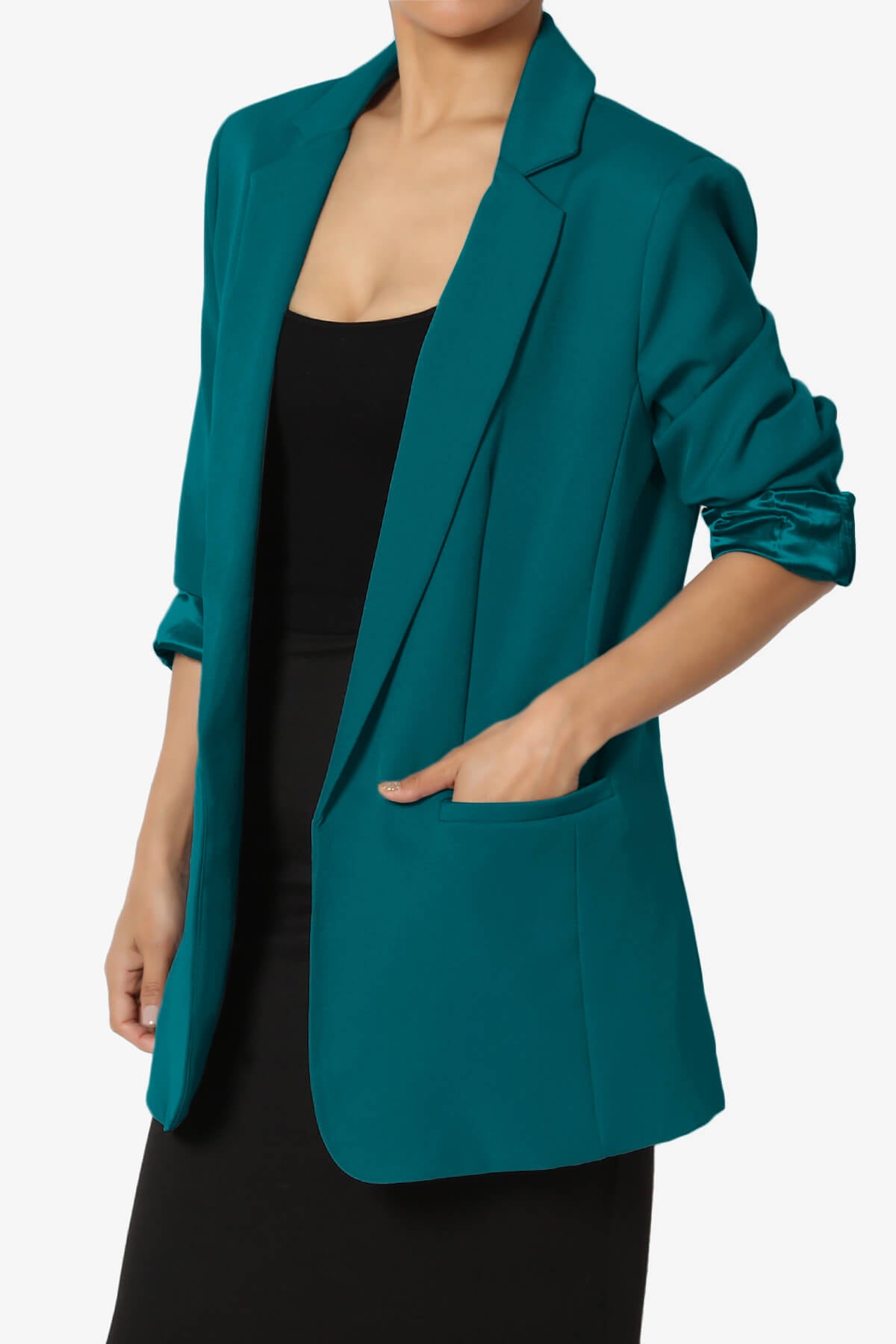 Malory Cuffed Sleeve Open Front Blazer TEAL_3