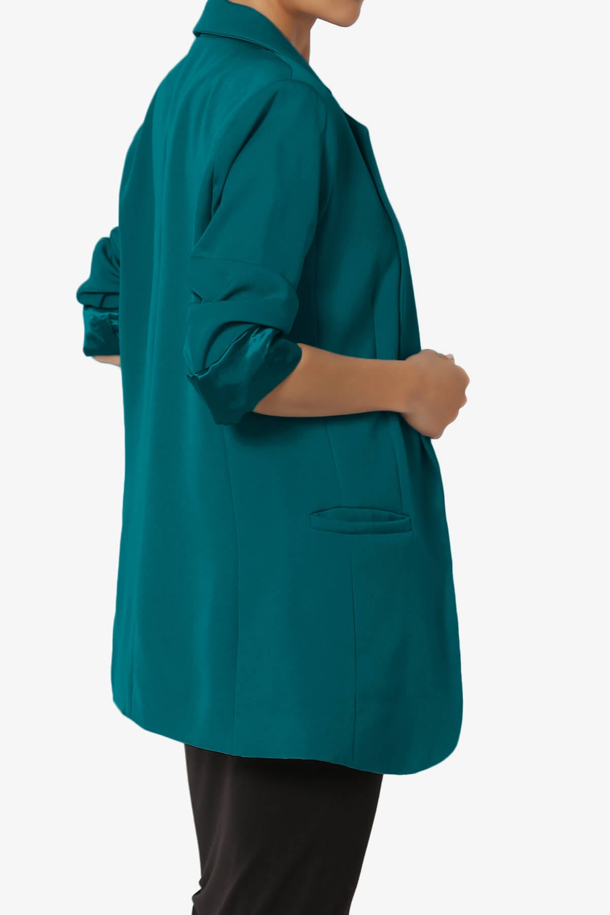 Malory Cuffed Sleeve Open Front Blazer TEAL_4