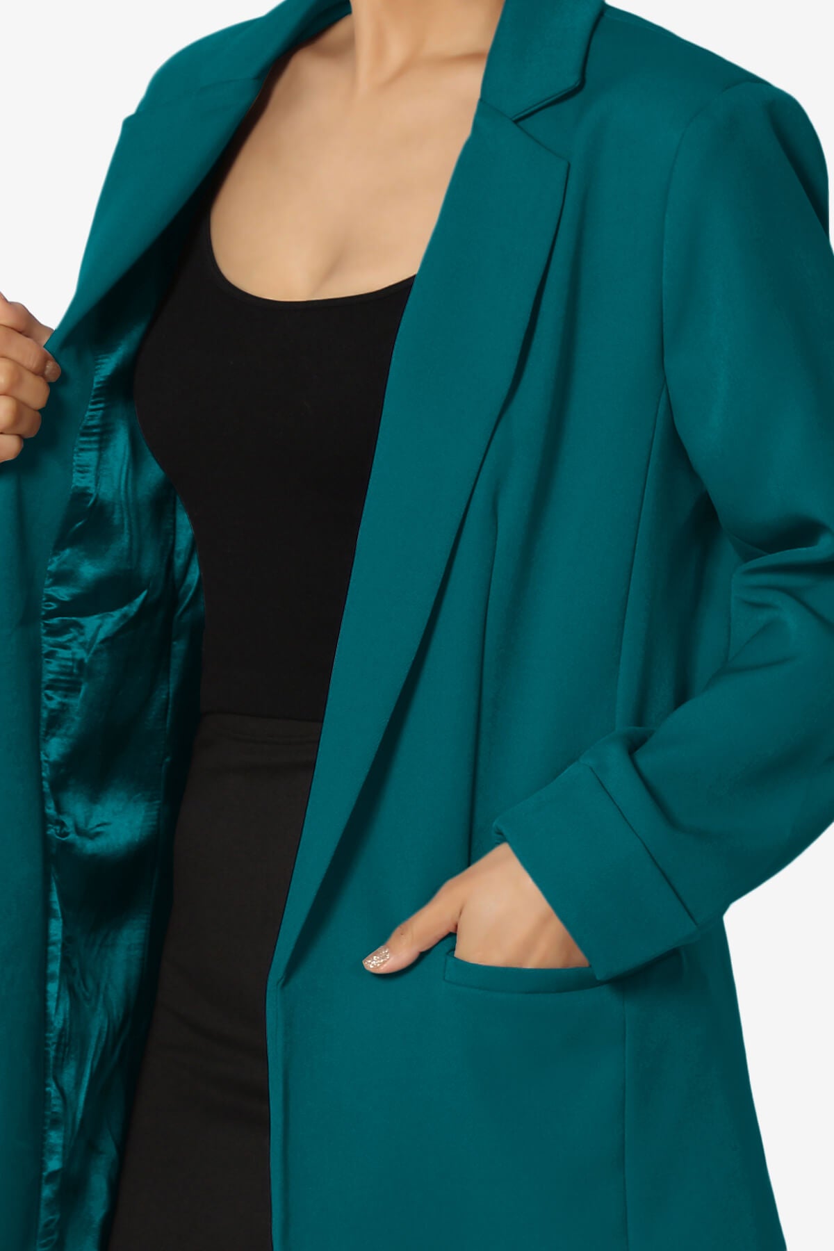 Malory Cuffed Sleeve Open Front Blazer TEAL_5