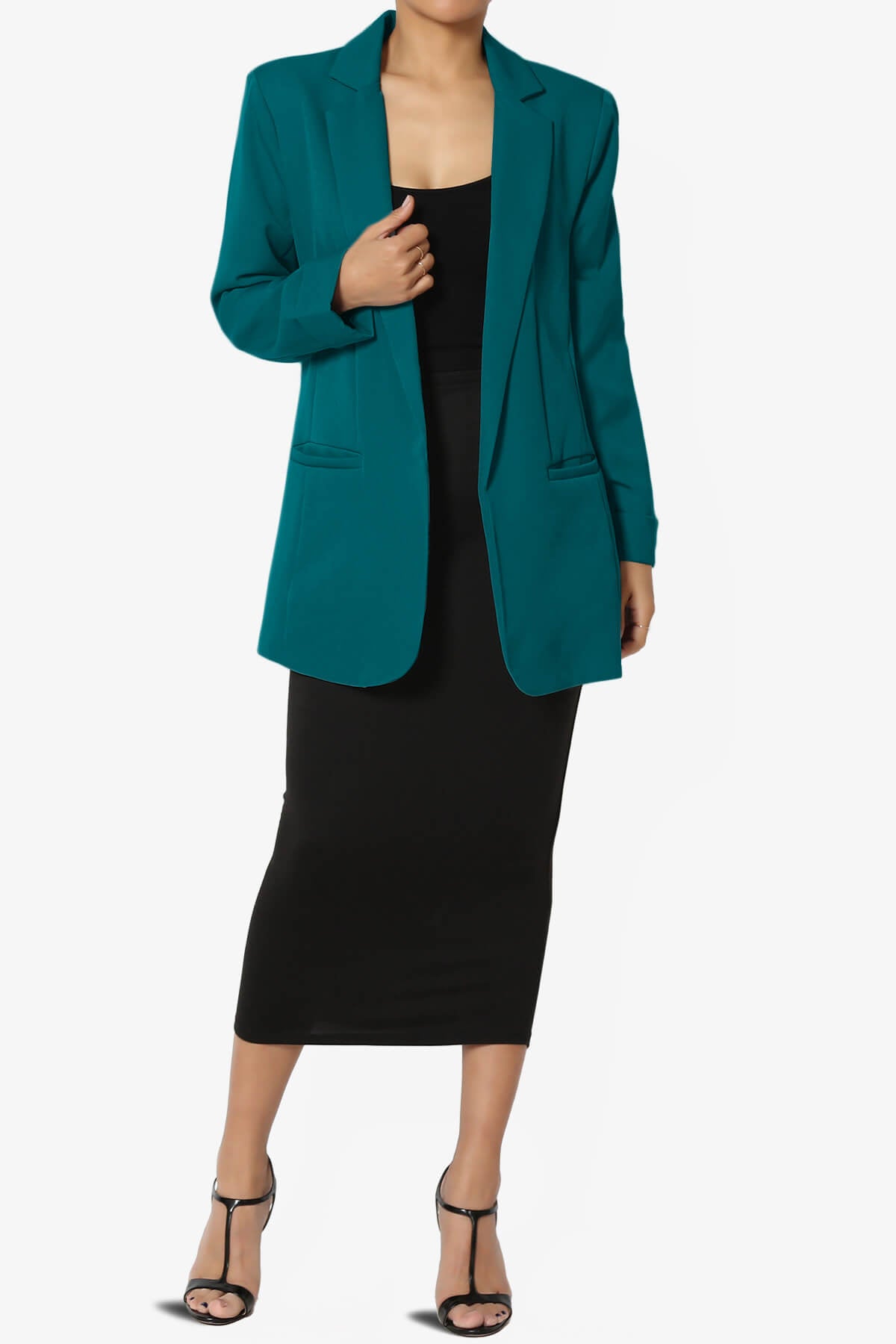 Malory Cuffed Sleeve Open Front Blazer TEAL_6