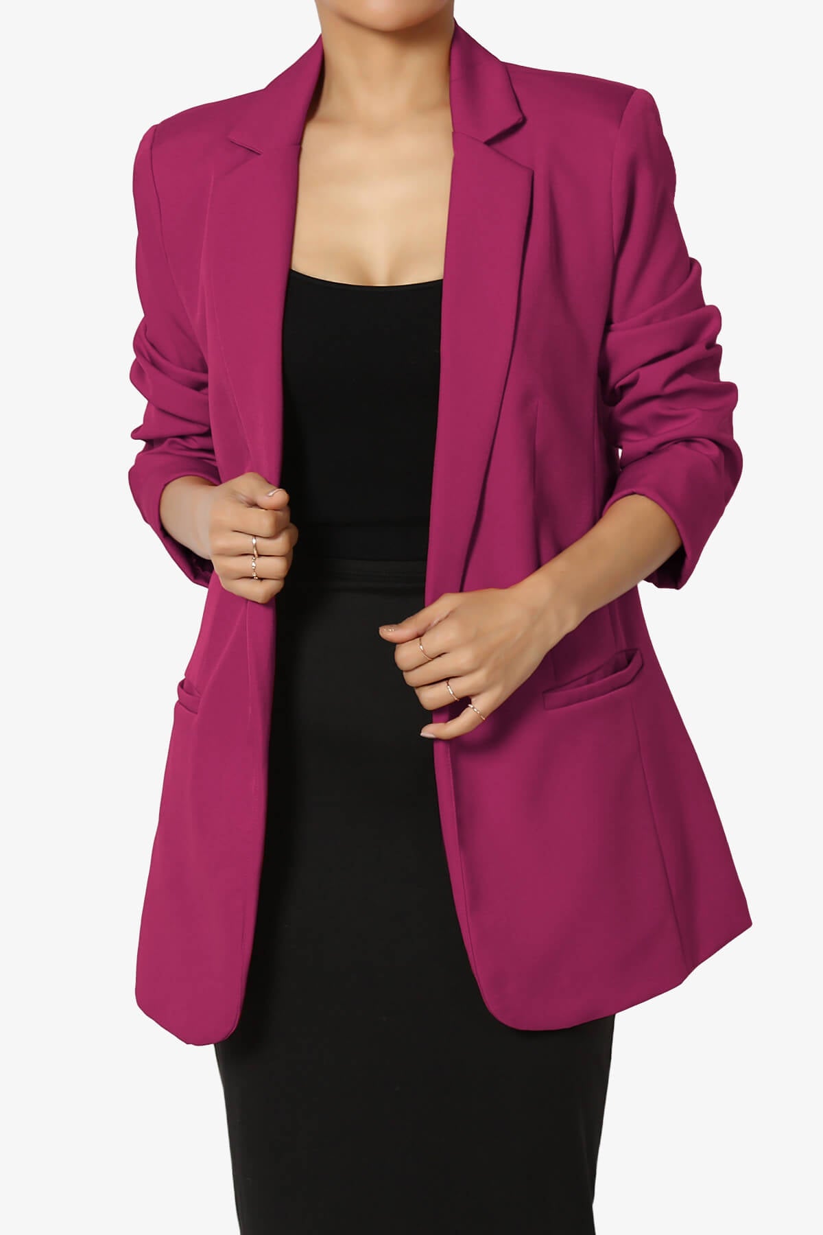 Malory Cuffed Sleeve Open Front Blazer WINE_1