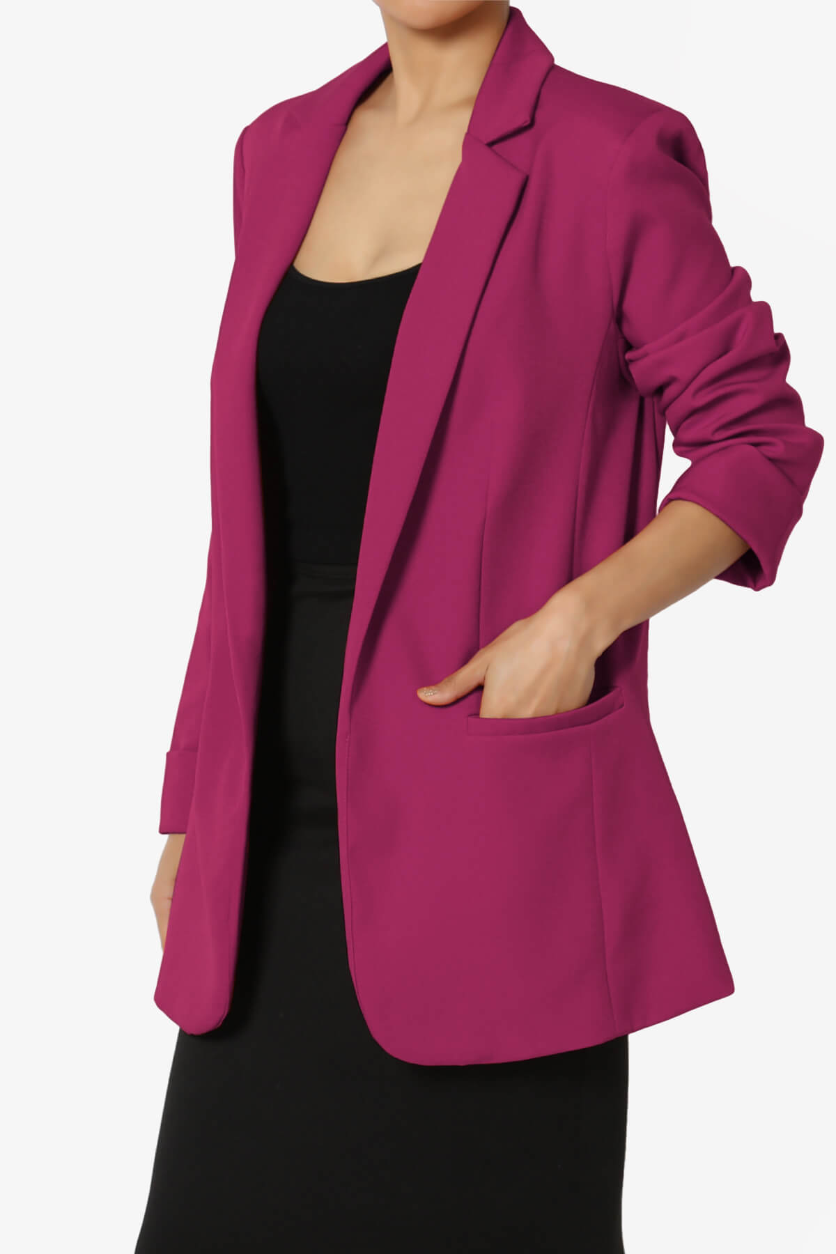 Malory Cuffed Sleeve Open Front Blazer WINE_3
