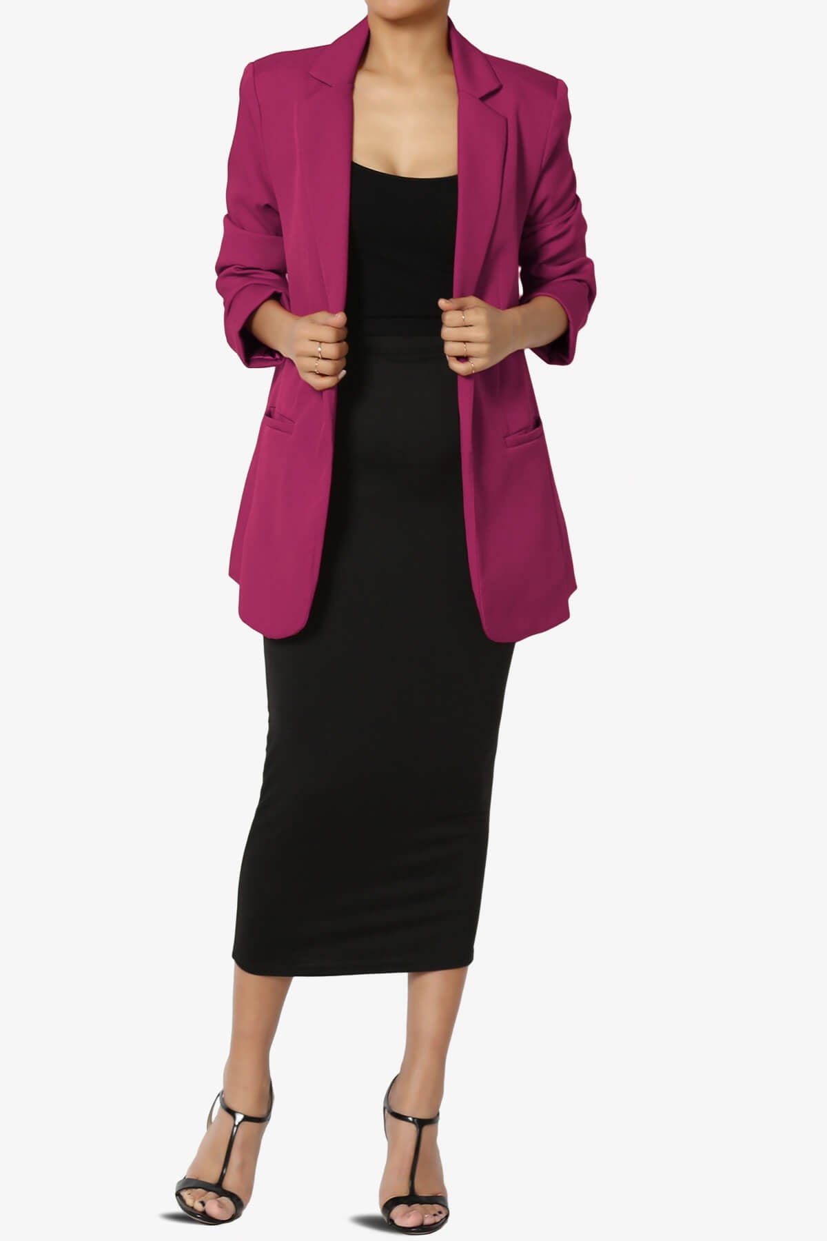 Malory Cuffed Sleeve Open Front Blazer WINE_6