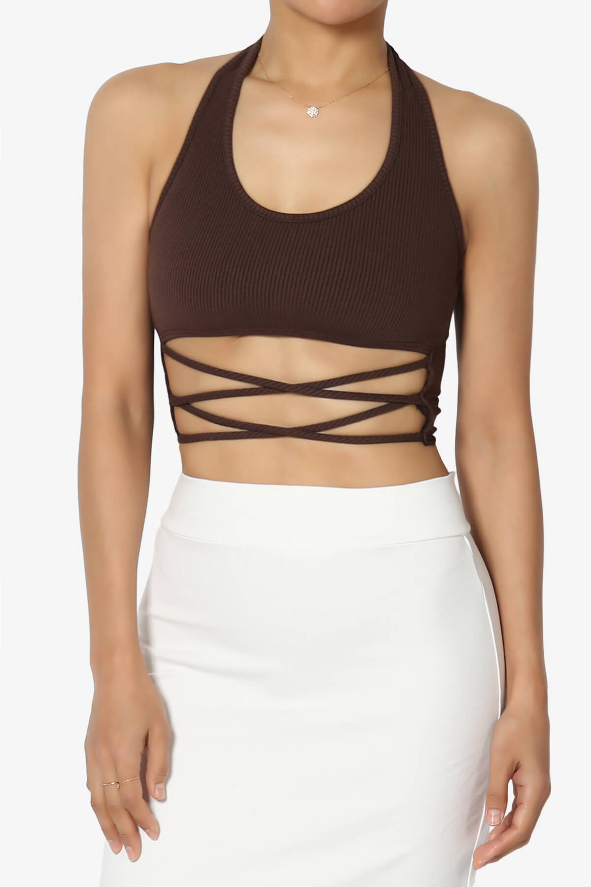Malou Strappy Cutout Halter Crop Tank Top BROWN_1