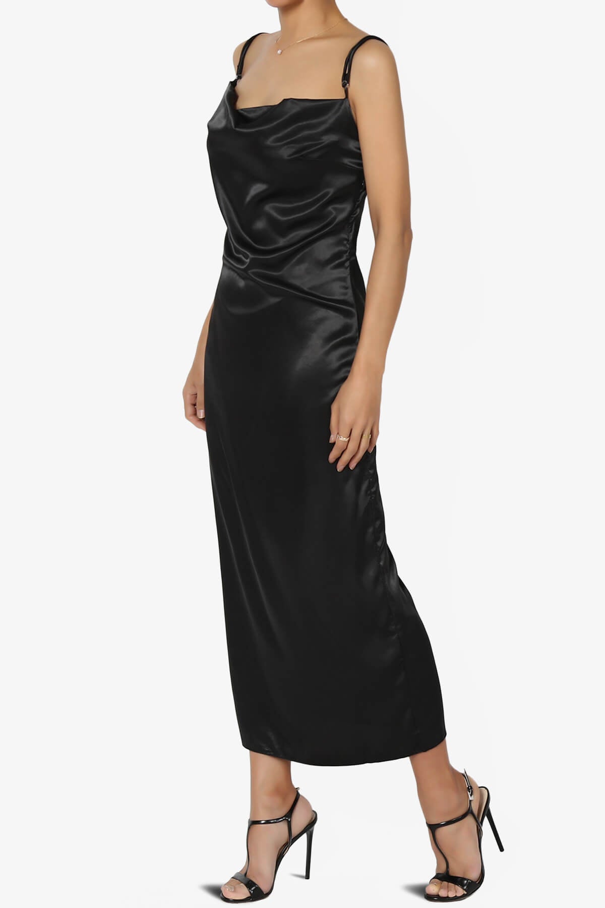 Masin Cowl Neck Sain Silk Long Slip Dress BLACK_3