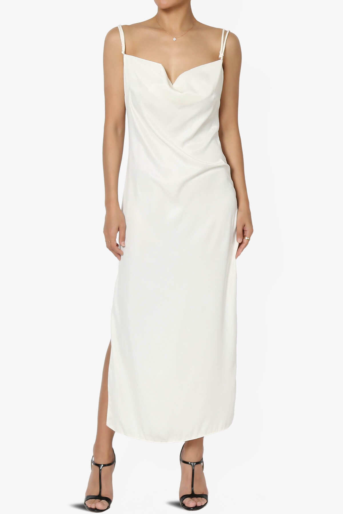 Masin Cowl Neck Sain Silk Long Slip Dress IVORY_1