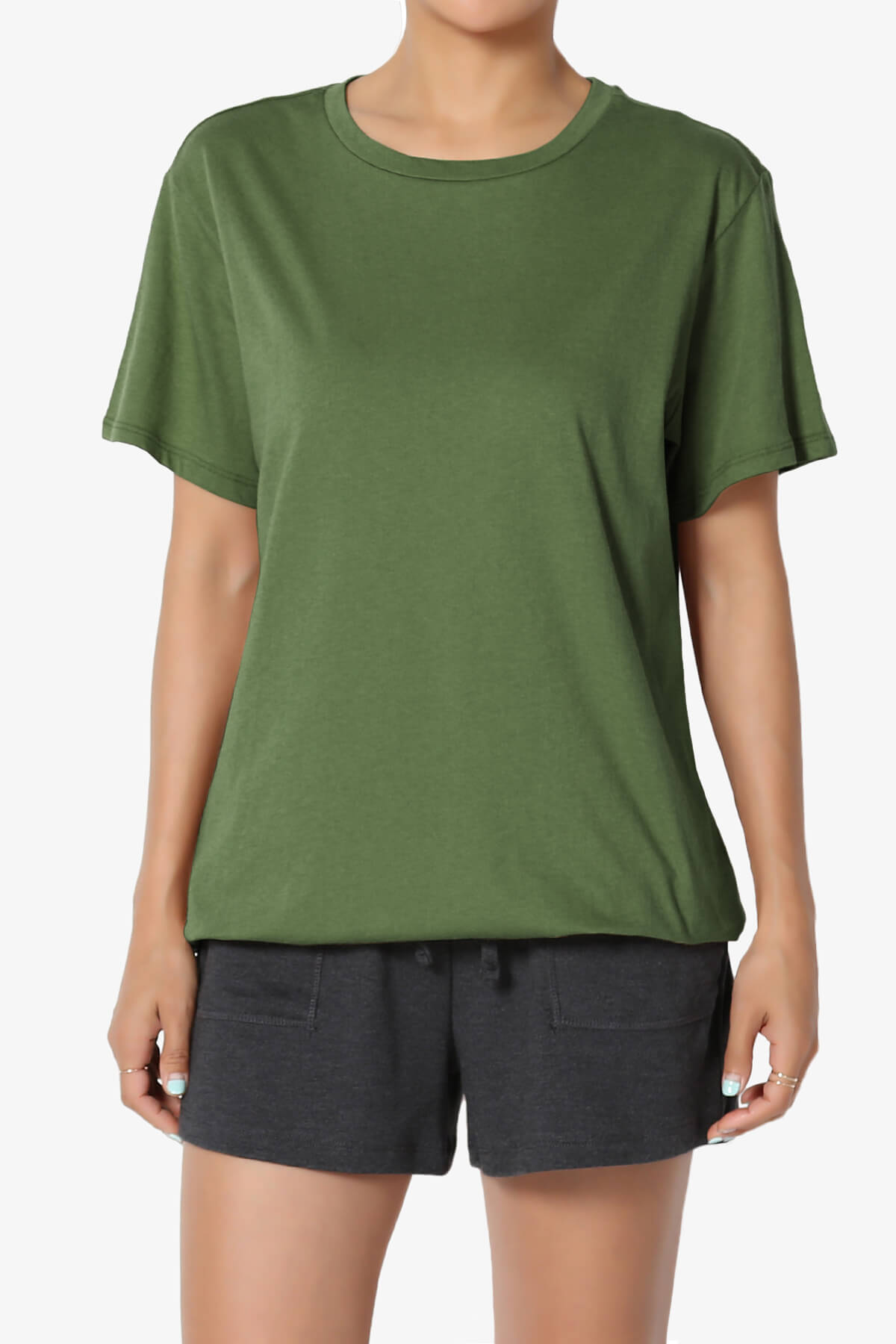 Mayra O Neck Cotton Boyfriend Tee ARMY GREEN_1