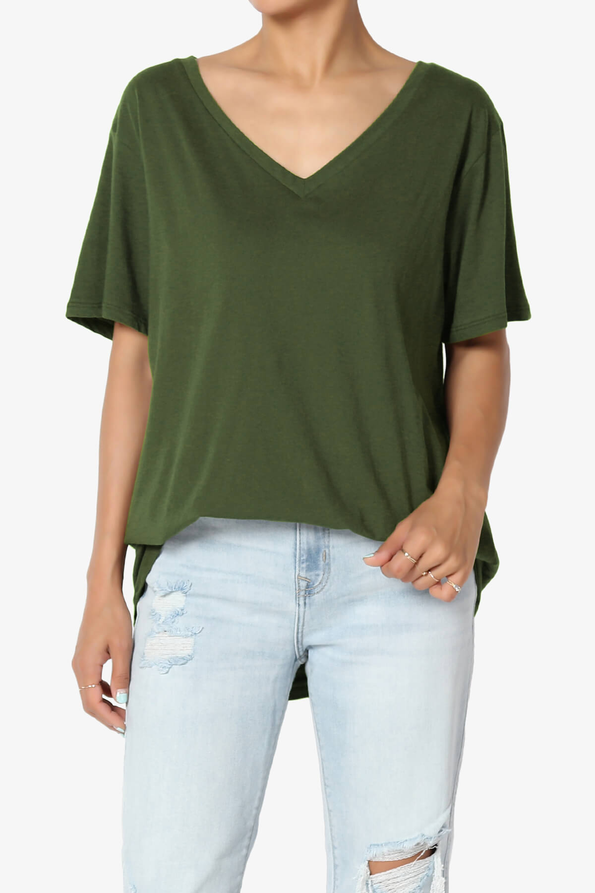 Mayra V-Neck Cotton Boyfriend Tee ARMY GREEN_1