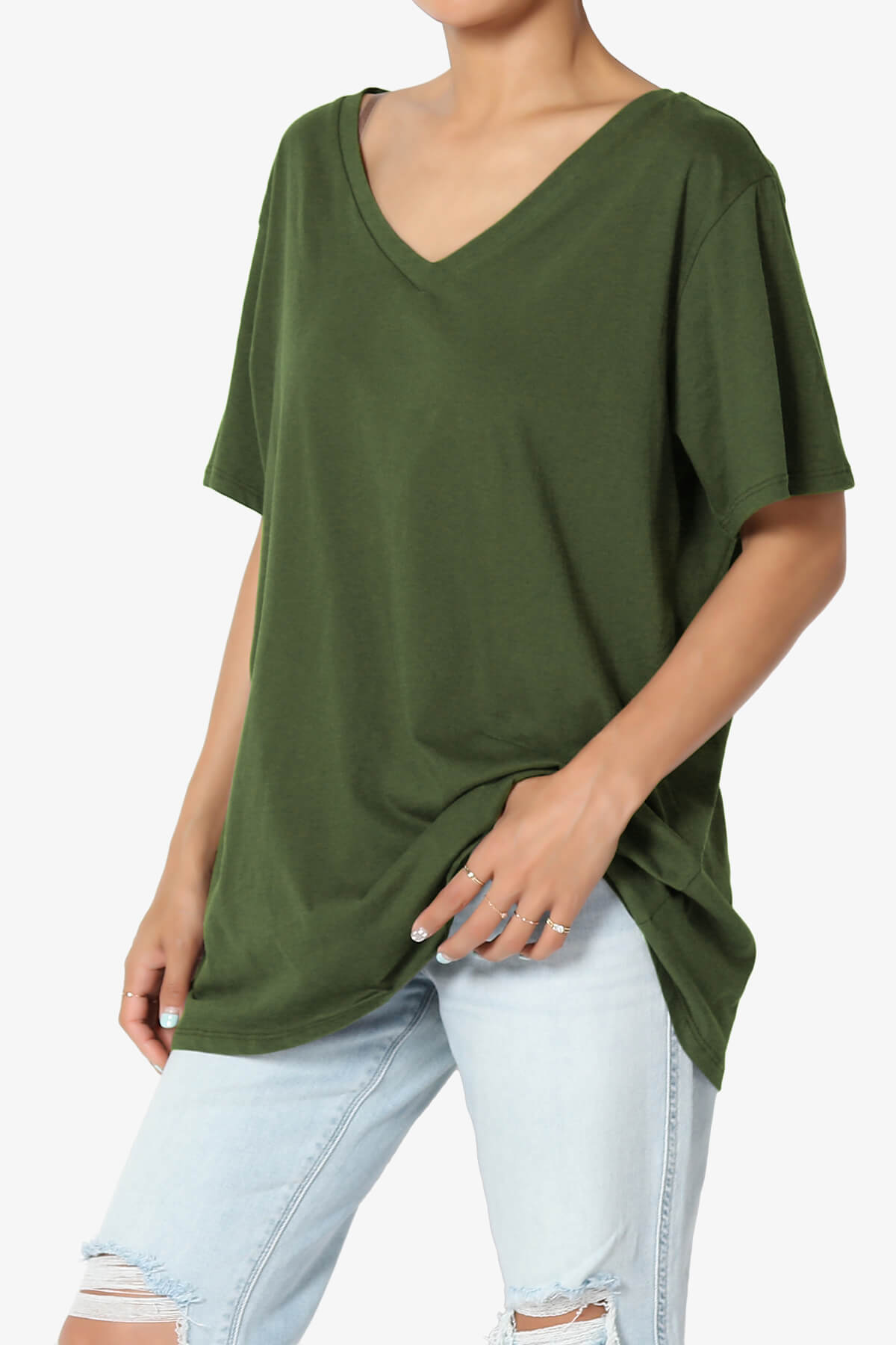 Mayra V-Neck Cotton Boyfriend Tee ARMY GREEN_3
