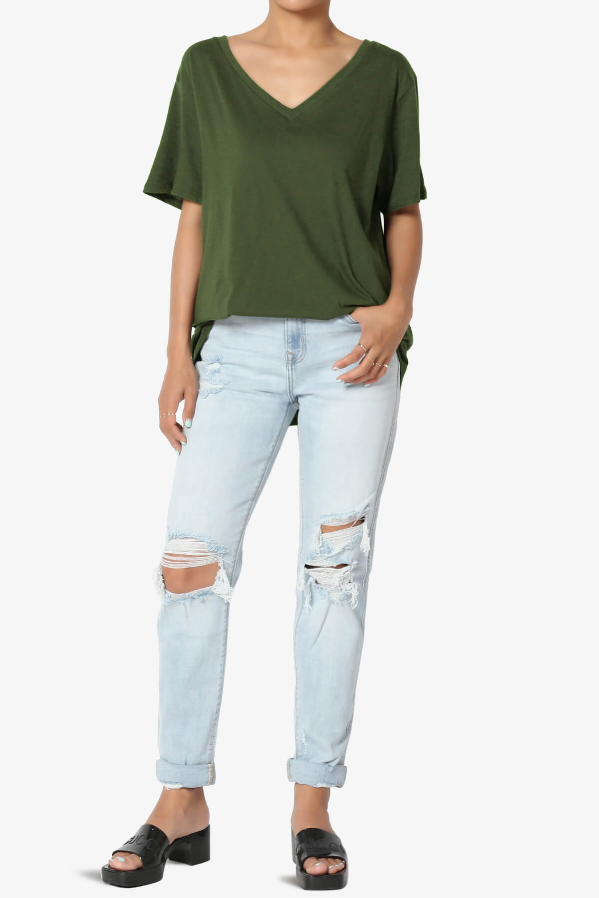 Mayra V-Neck Cotton Boyfriend Tee ARMY GREEN_6