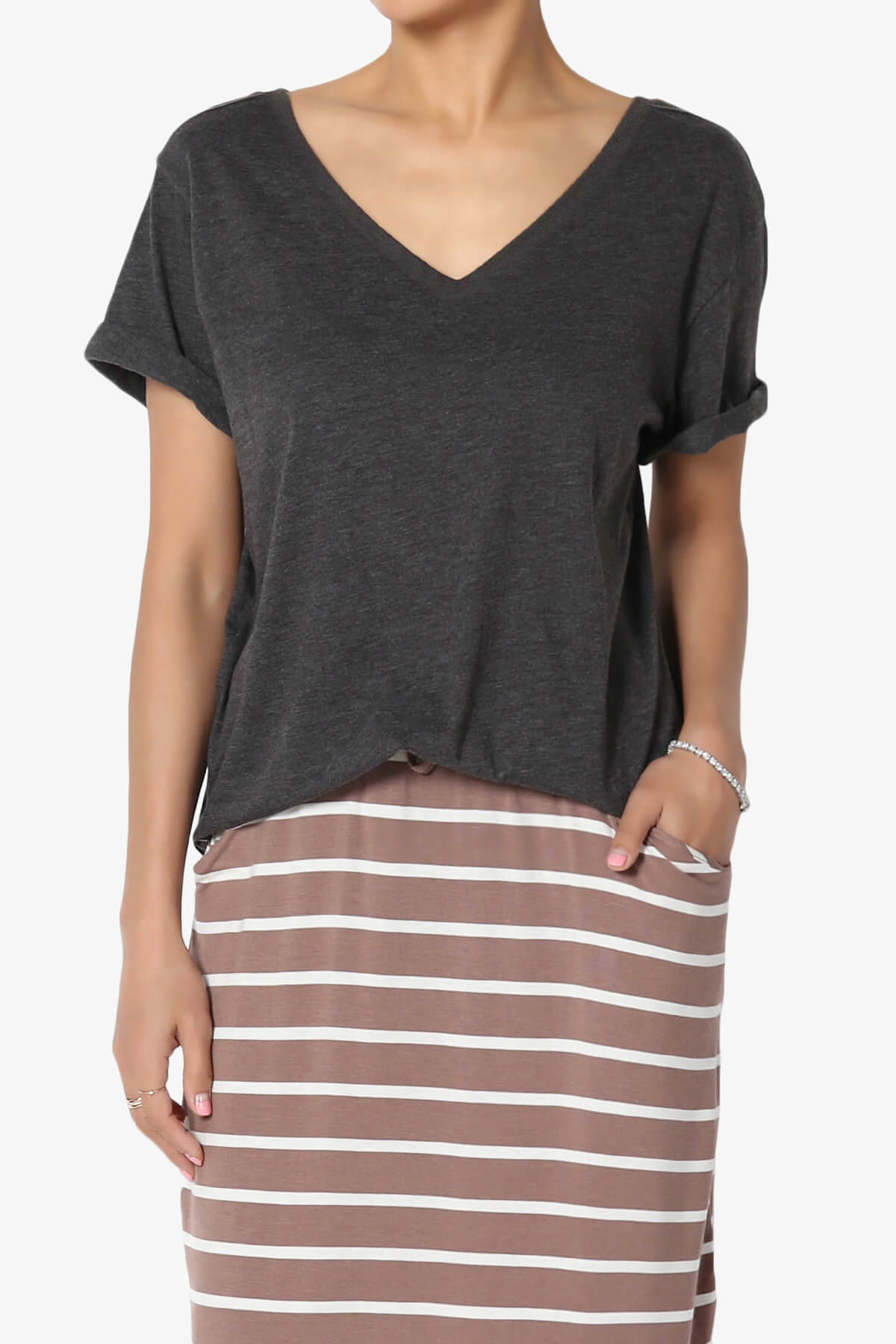 Mayra V-Neck Cotton Boyfriend Tee CHARCOAL_1