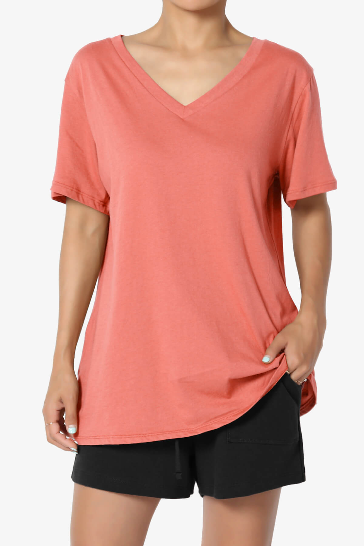 Mayra V-Neck Cotton Boyfriend Tee CORAL_1