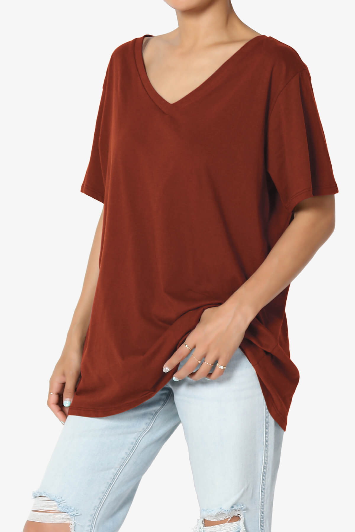 Mayra V-Neck Cotton Boyfriend Tee DARK RUST_3