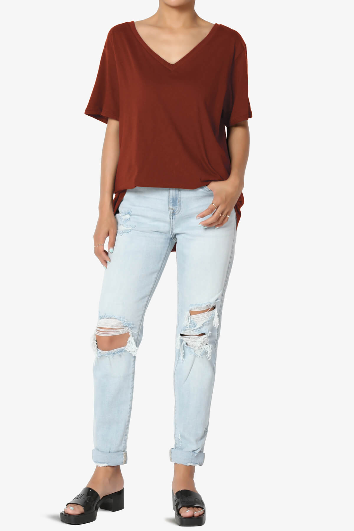 Mayra V-Neck Cotton Boyfriend Tee DARK RUST_6