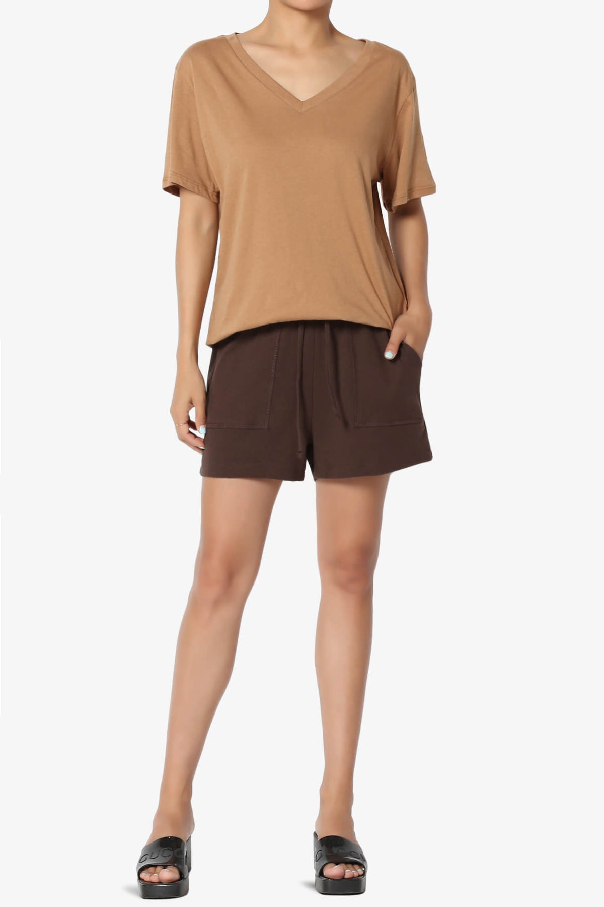 Mayra V-Neck Cotton Boyfriend Tee DEEP CAMEL_6