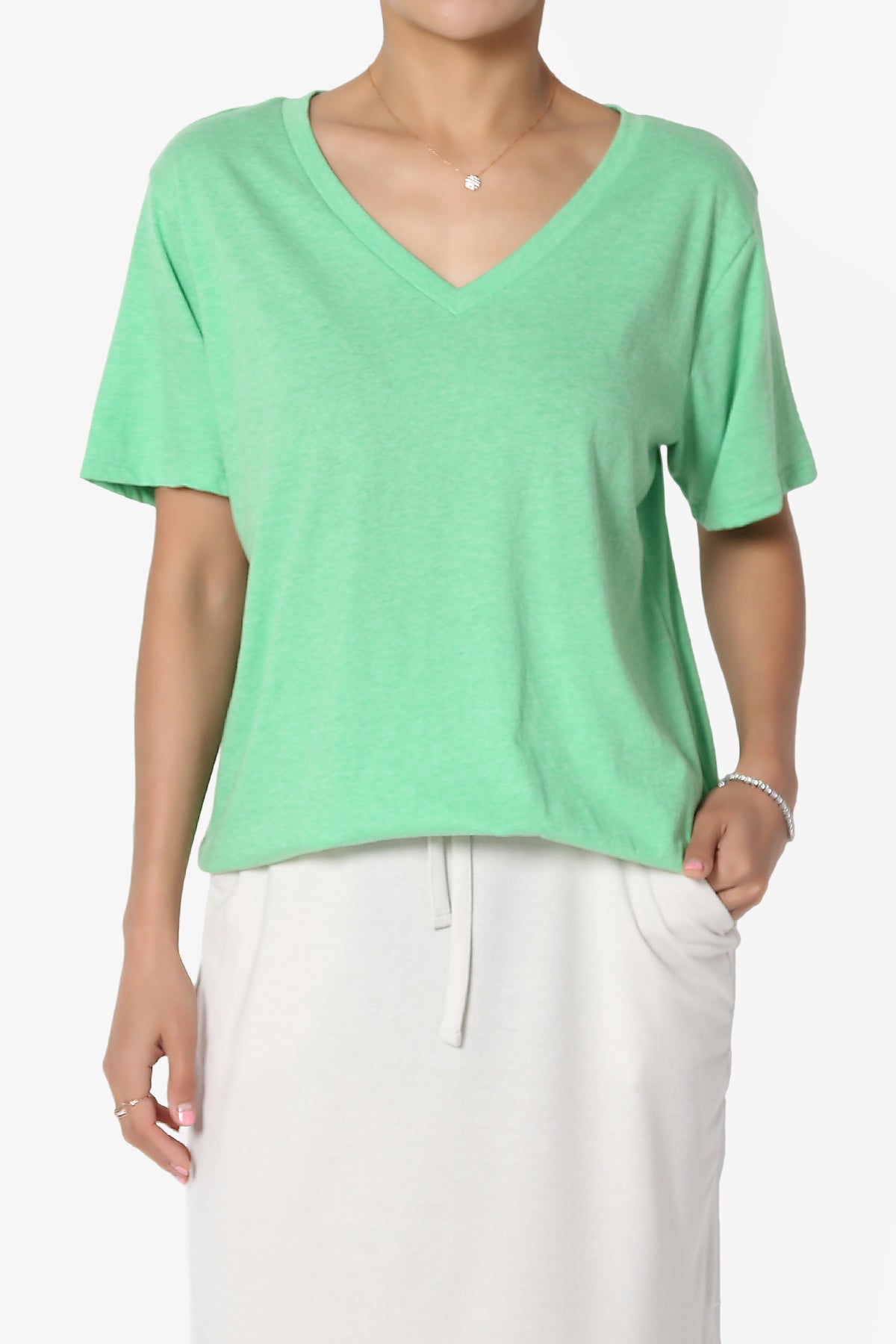 Mayra V-Neck Cotton Boyfriend Tee HEATHER GREEN_1
