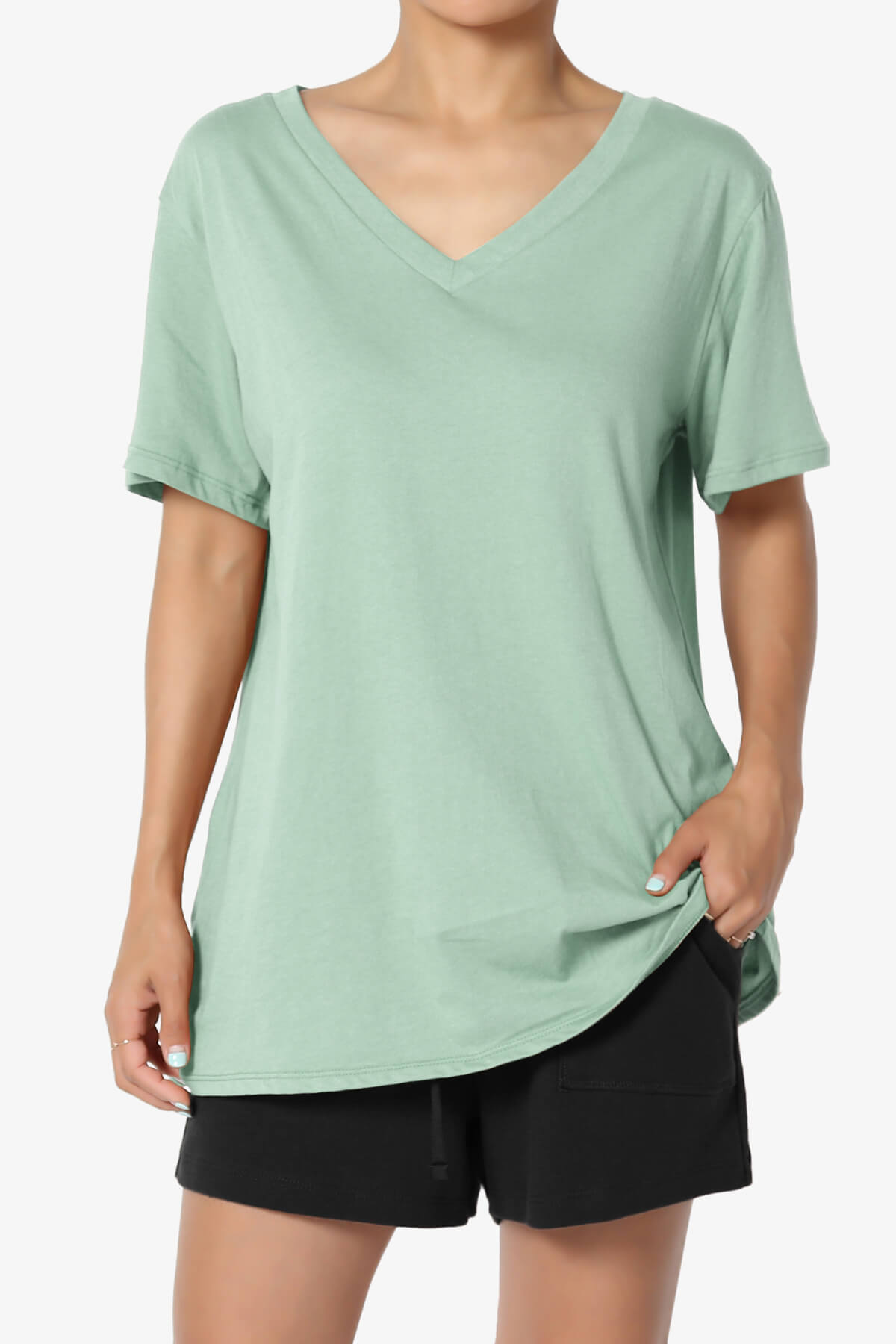 Mayra V-Neck Cotton Boyfriend Tee LIGHT GREEN_1