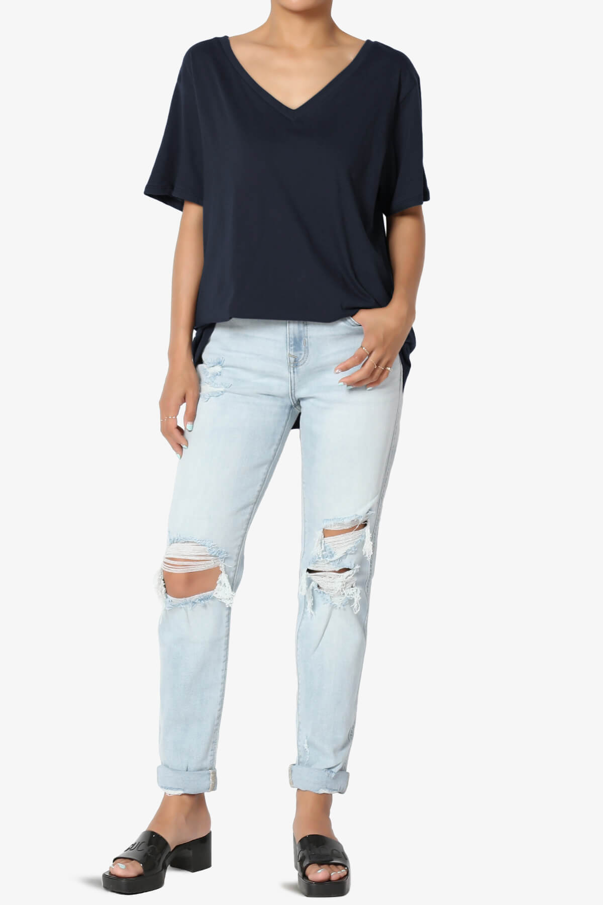 Mayra V-Neck Cotton Boyfriend Tee NAVY_6