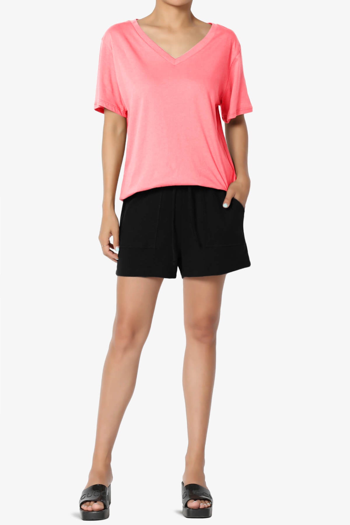 Mayra V-Neck Cotton Boyfriend Tee NEON CORAL PINK_6