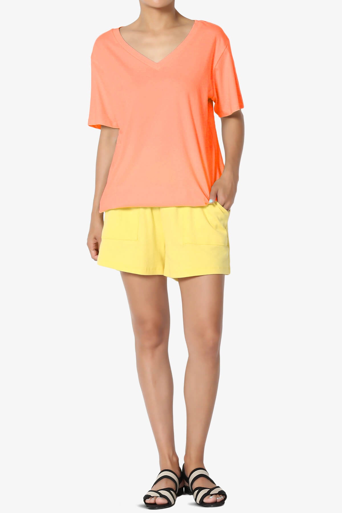 Mayra V-Neck Cotton Boyfriend Tee NEON CORAL_6