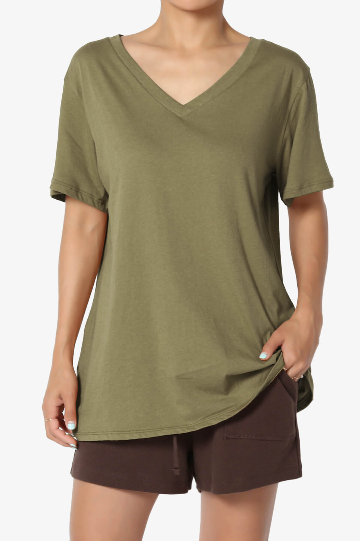 Mayra V-Neck Cotton Boyfriend Tee OLIVE KHAKI_1