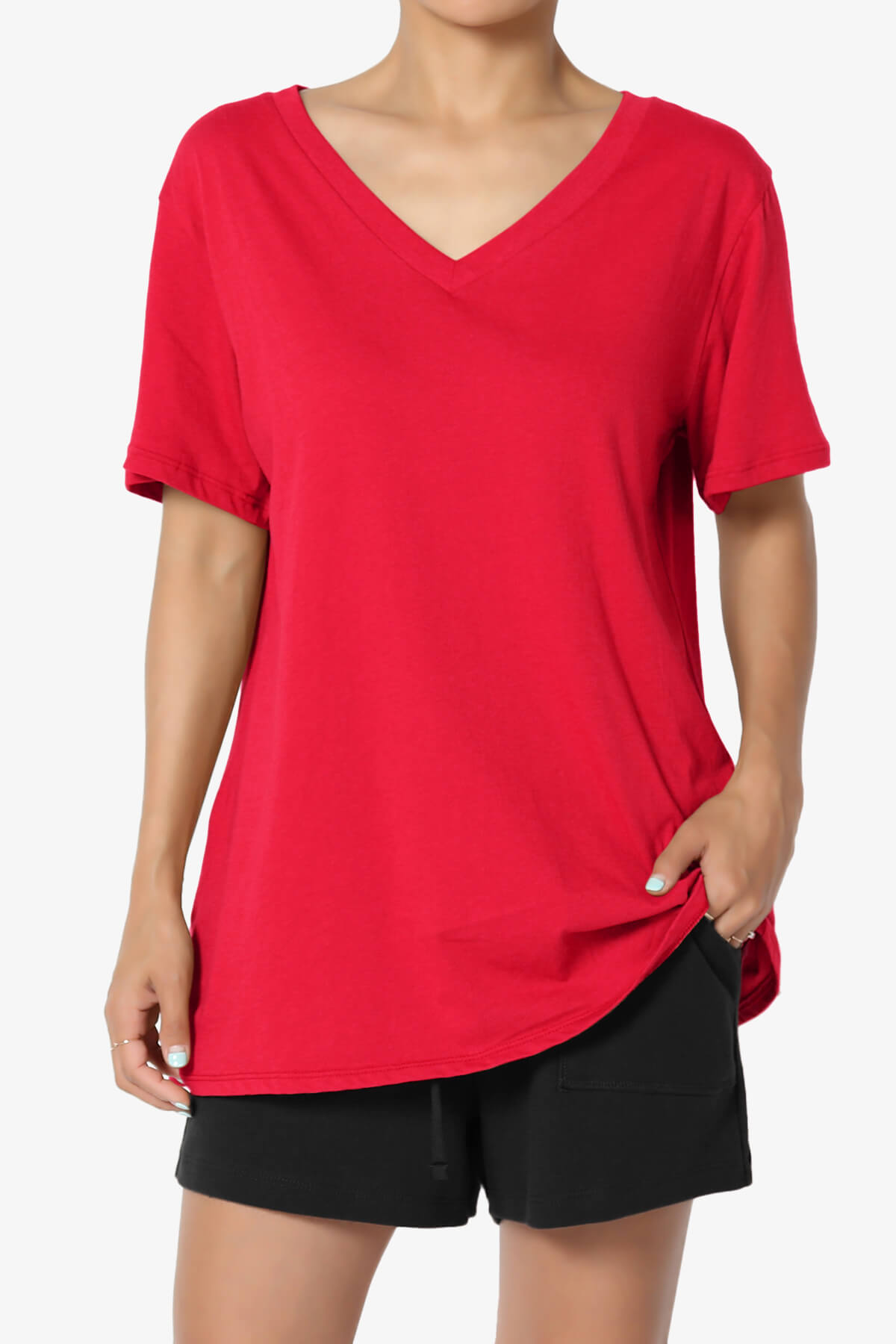 Mayra V-Neck Cotton Boyfriend Tee RED_1