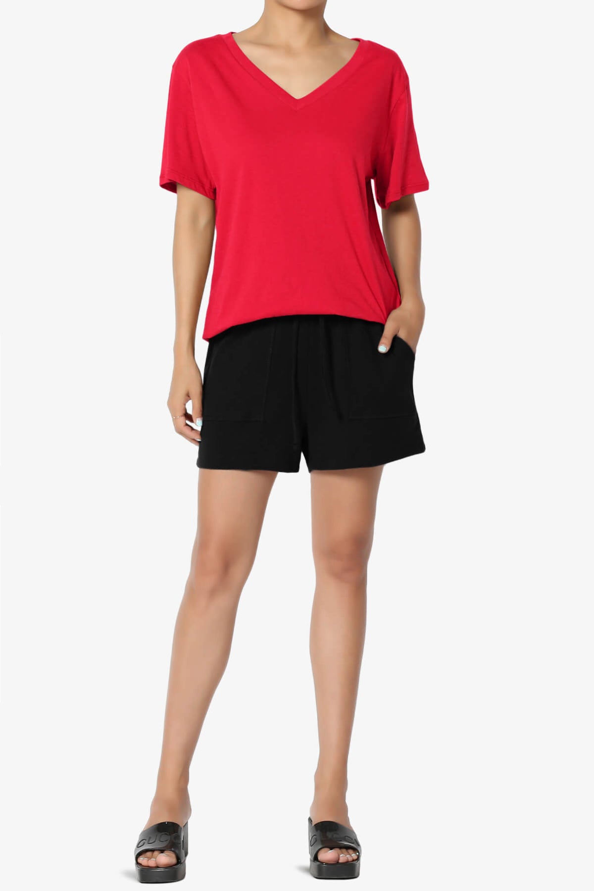 Mayra V-Neck Cotton Boyfriend Tee RED_6