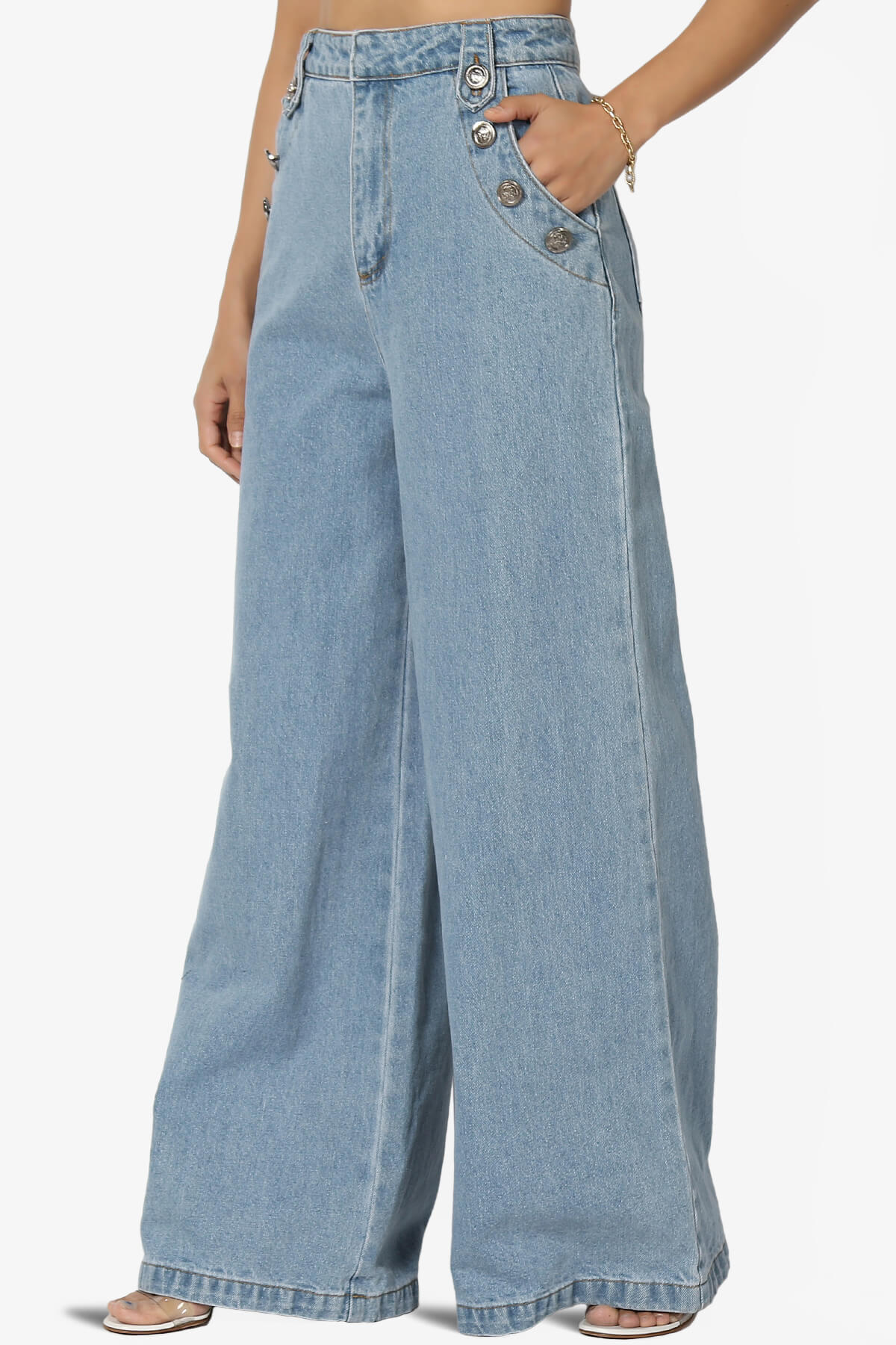 Memento Button Detail High Waist Wide Leg Jeans DENIM_3