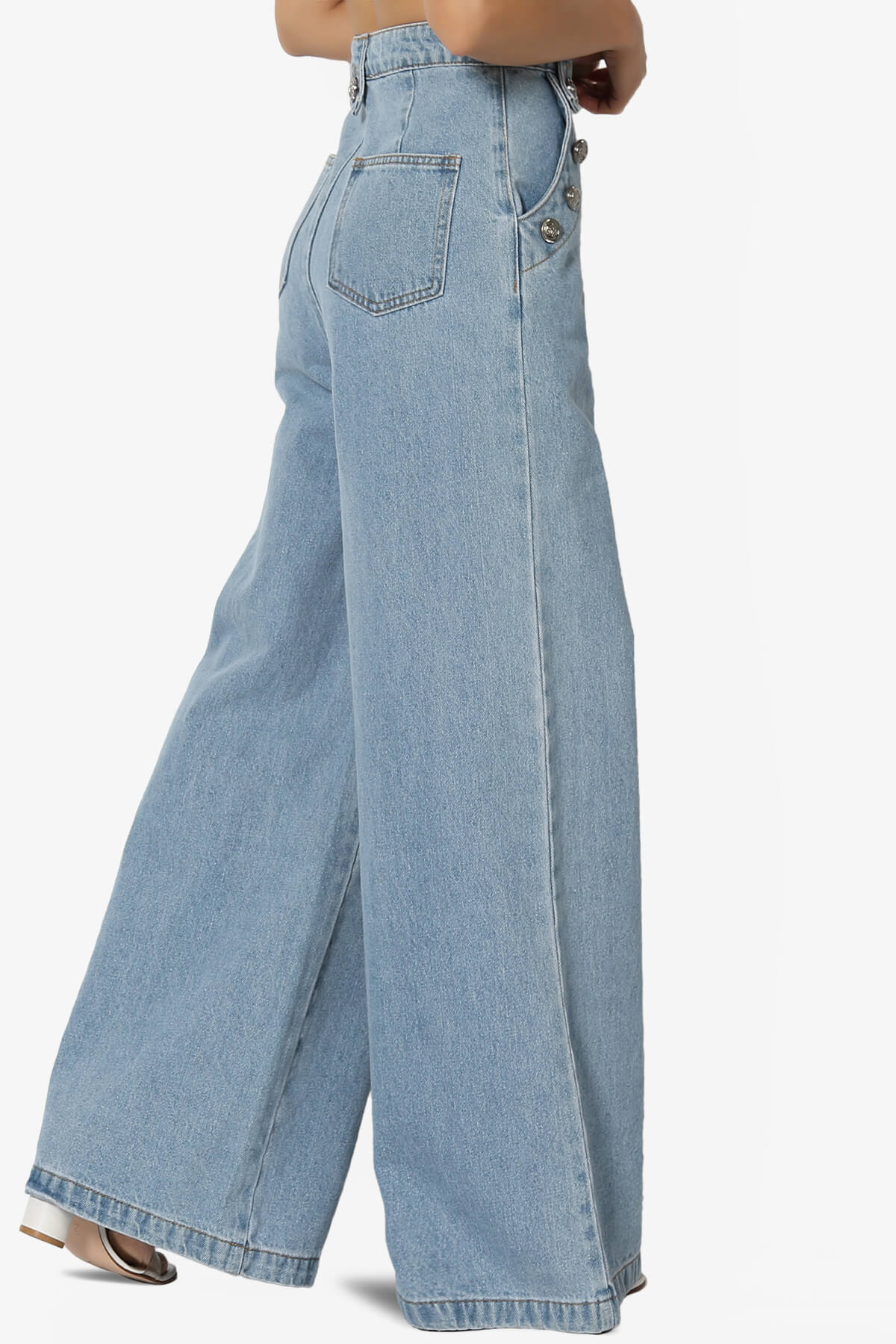 Memento Button Detail High Waist Wide Leg Jeans DENIM_4
