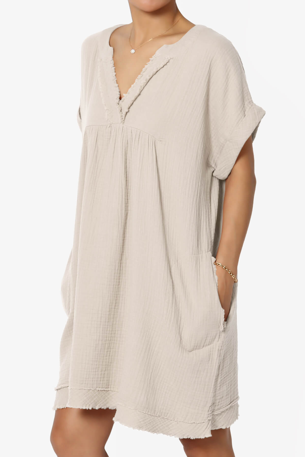 Milly Gauze V-Neck Babydoll Shift Mini Dress SAND BEIGE_3