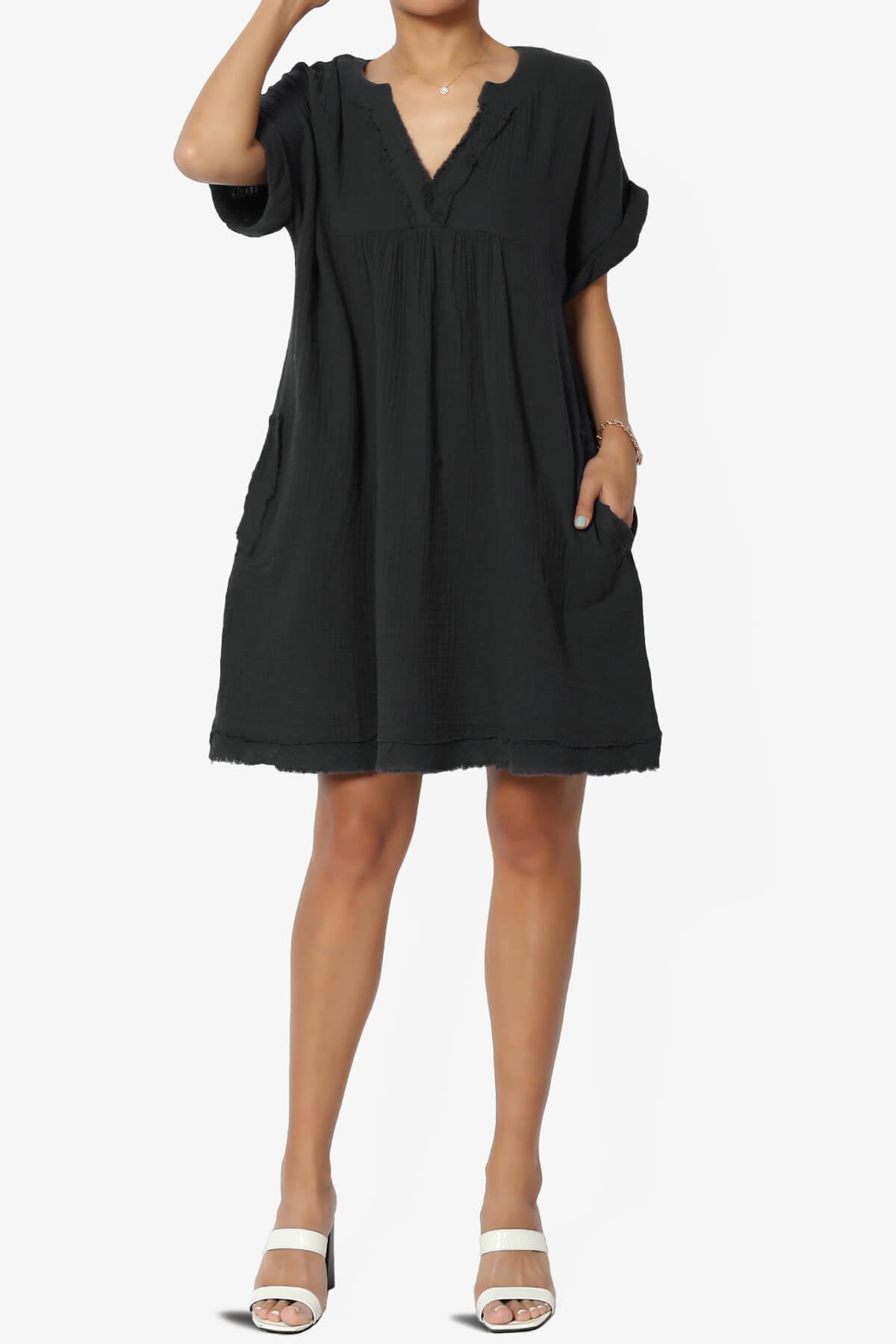 Milly Gauze V-Neck Babydoll Shift Mini Dress BLACK_6