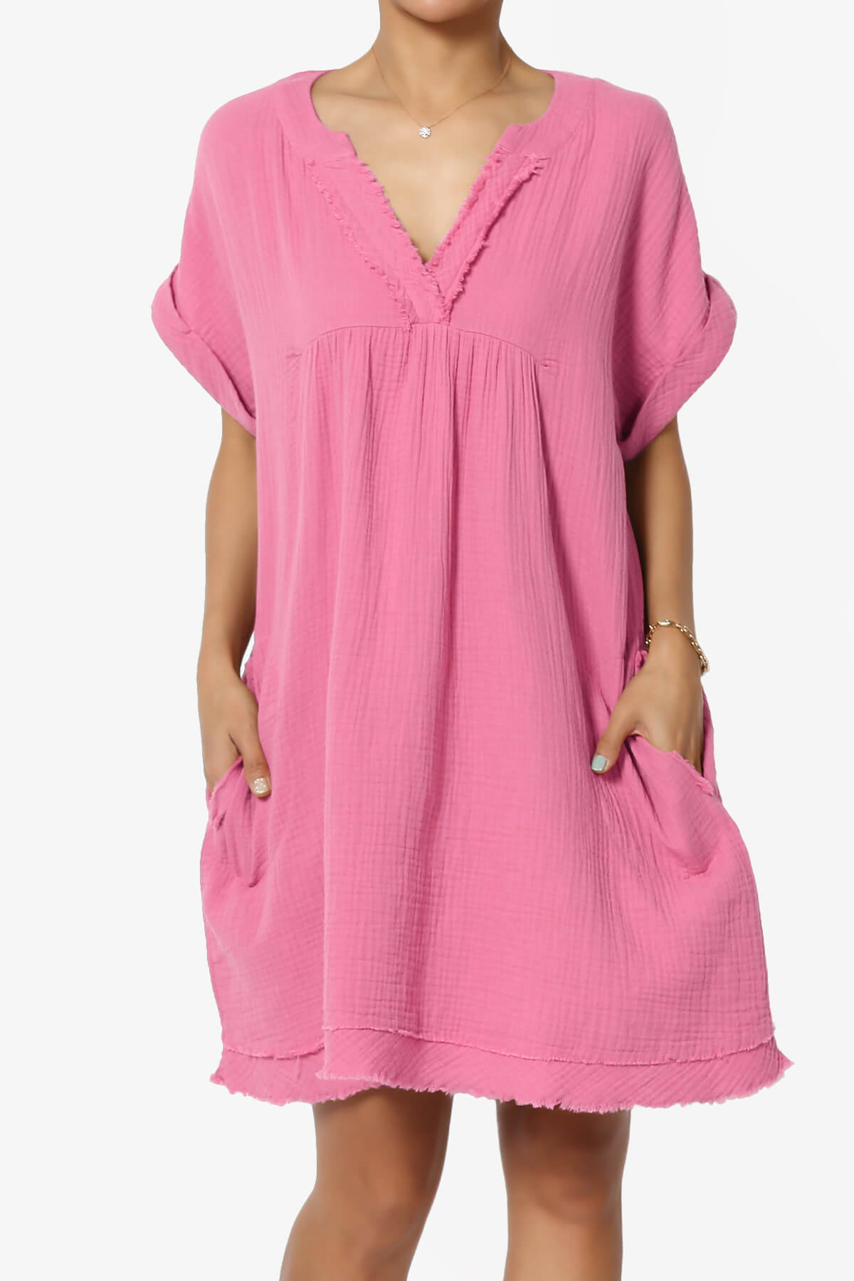 Milly Gauze V-Neck Babydoll Shift Mini Dress CANDY PINK_1