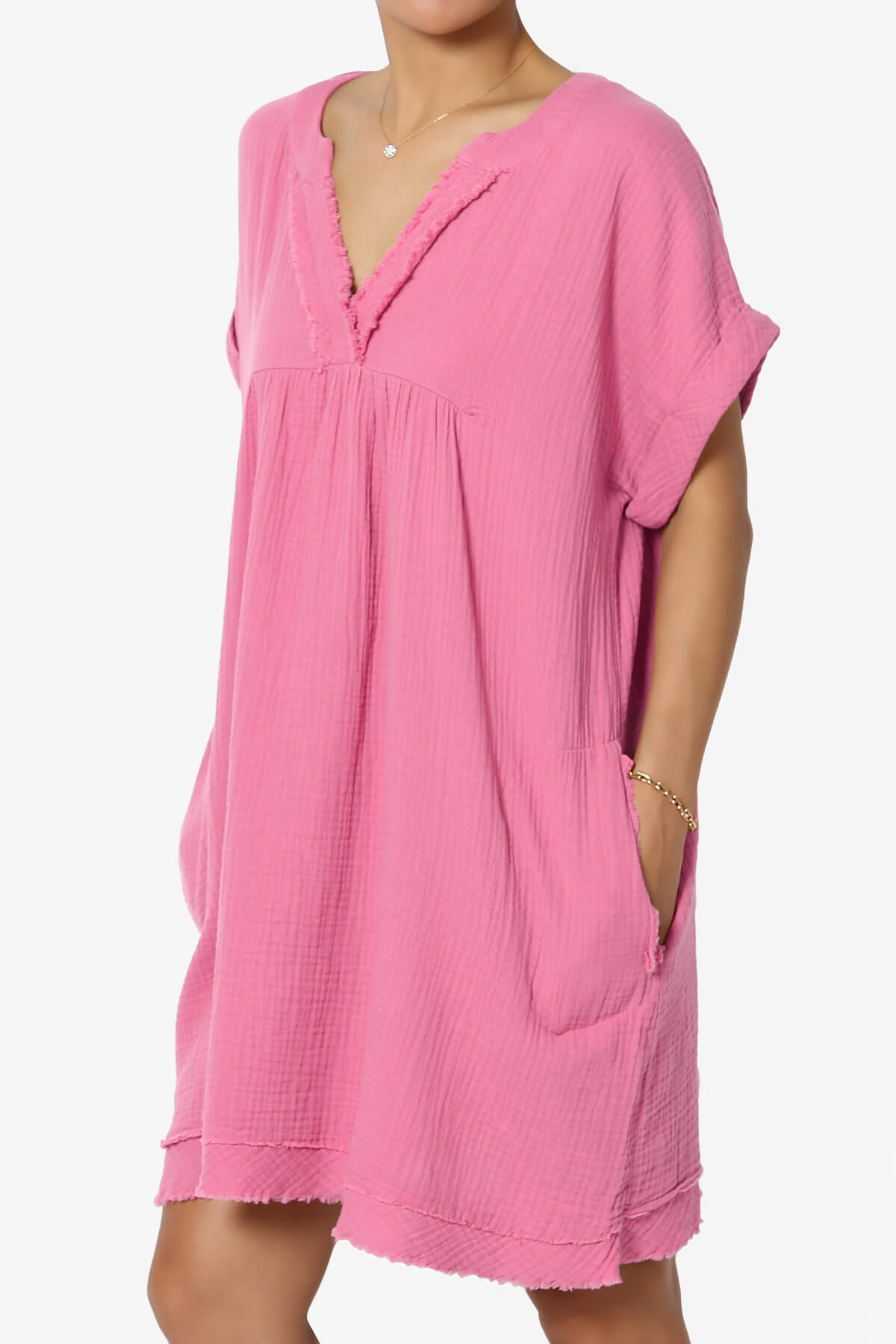 Milly Gauze V-Neck Babydoll Shift Mini Dress CANDY PINK_3