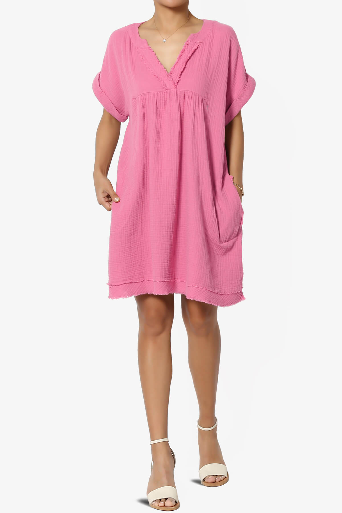 Milly Gauze V-Neck Babydoll Shift Mini Dress CANDY PINK_6