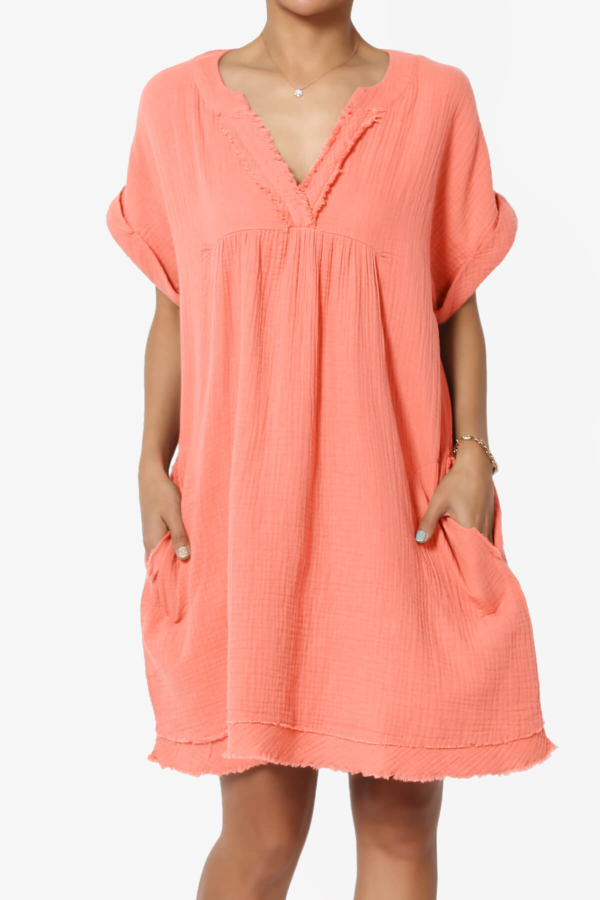 Milly Gauze V-Neck Babydoll Shift Mini Dress CORAL_1