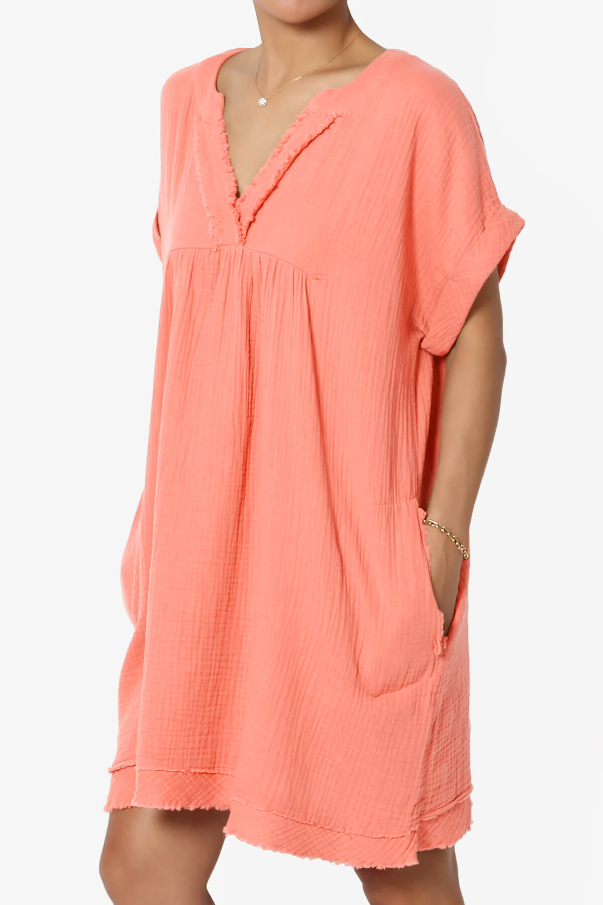 Milly Gauze V-Neck Babydoll Shift Mini Dress CORAL_3