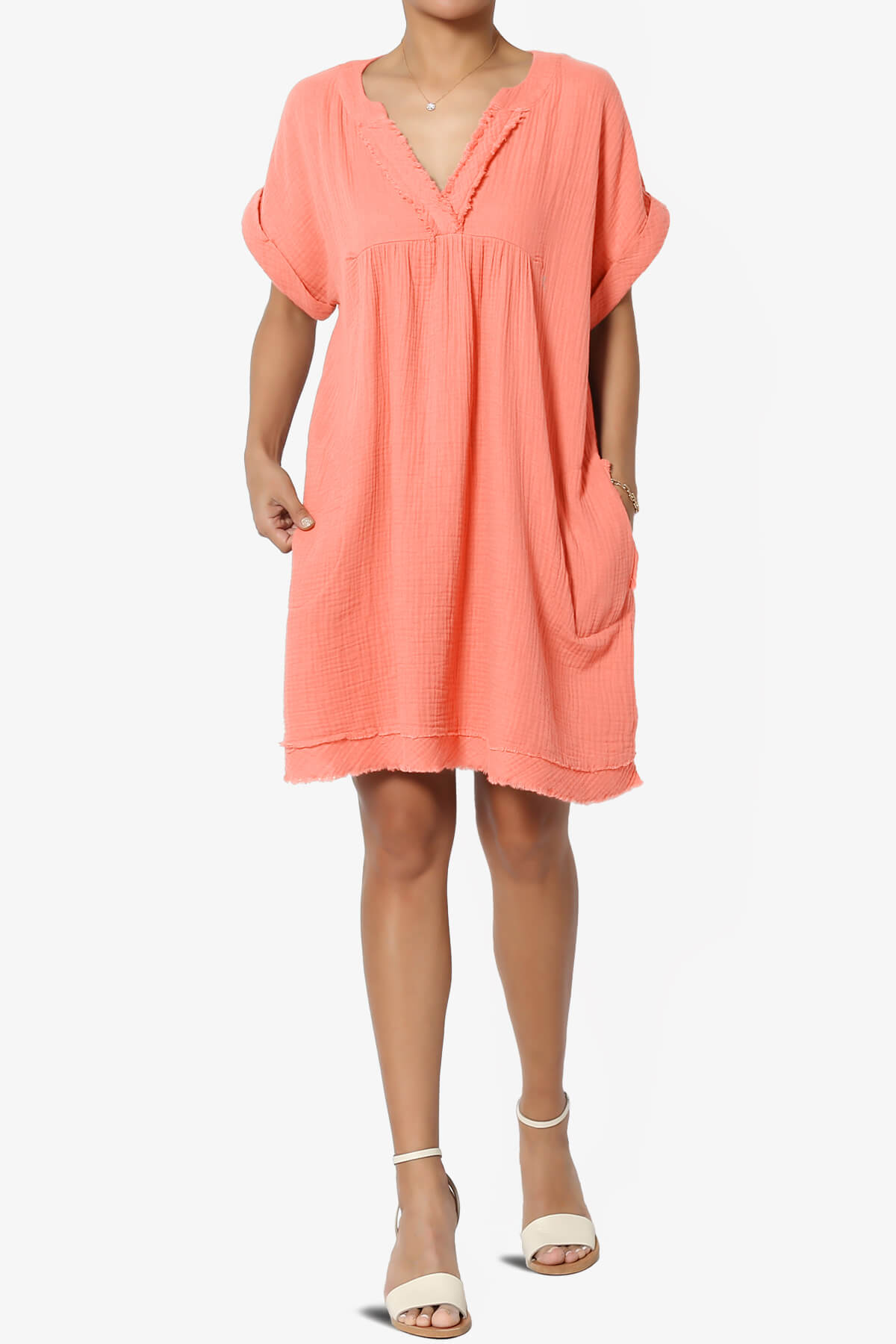 Milly Gauze V-Neck Babydoll Shift Mini Dress CORAL_6